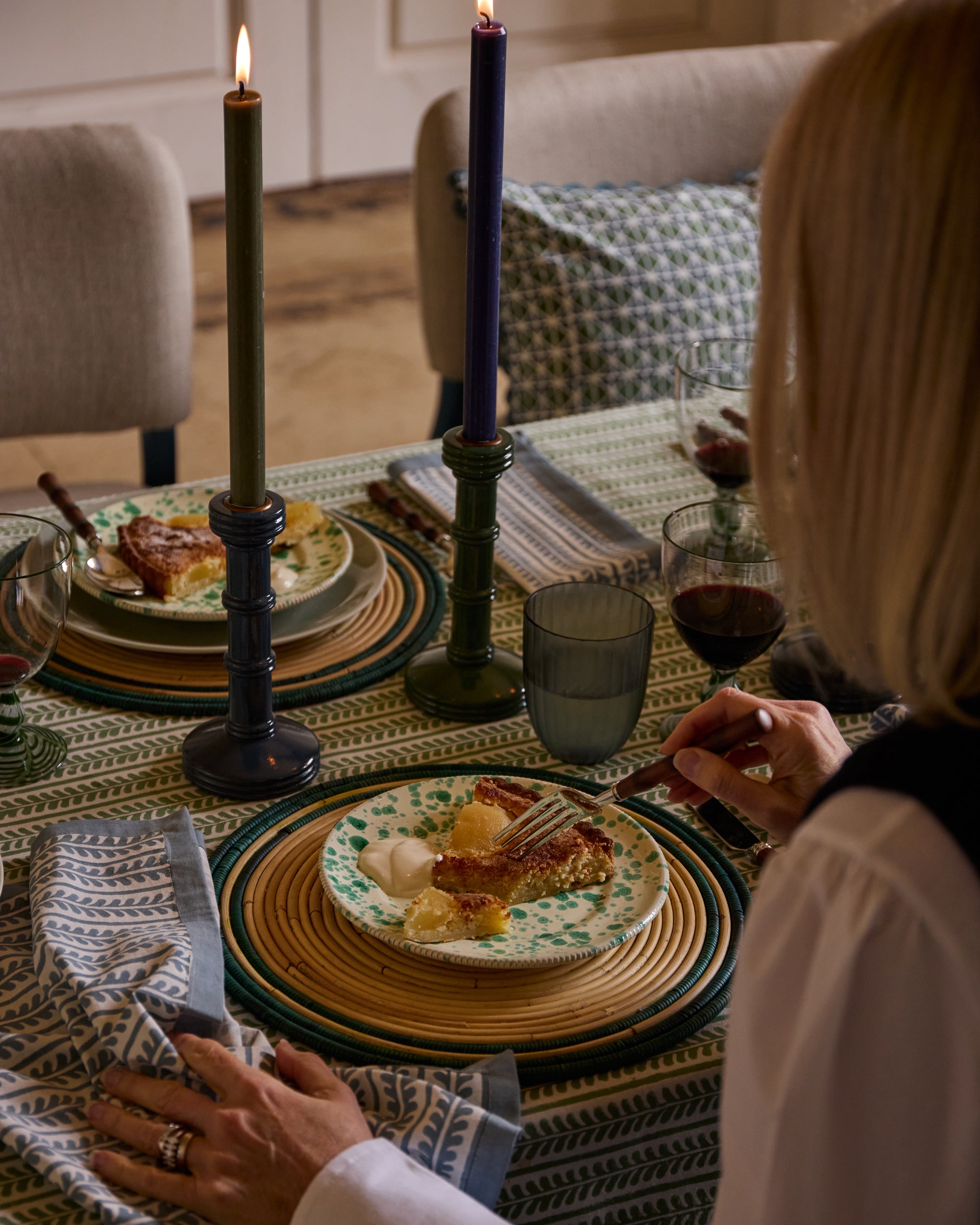 Tablescape featuring Gloss Painted Wooden Column Candlestick - Green