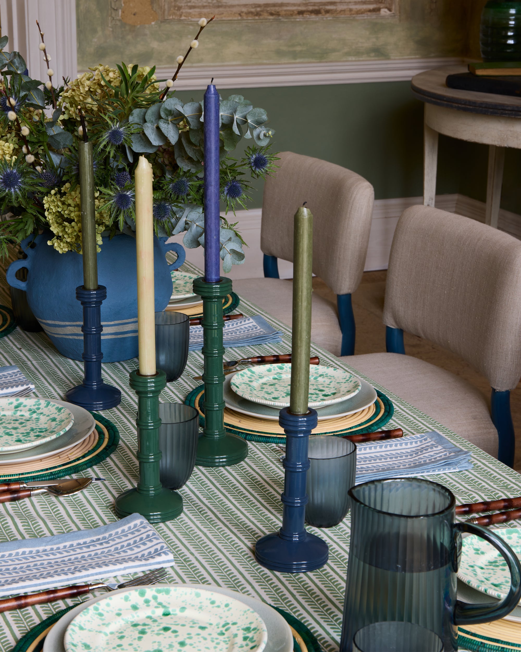 Tablescape featuring Gloss Painted Wooden Column Candlestick - Blue