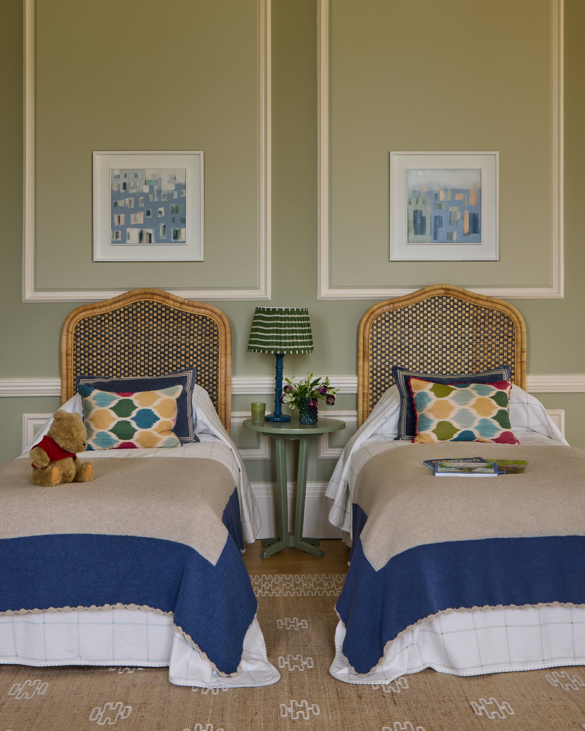 Gloss Painted Wooden Column Table Lamp - bluestone, with Edo Stripe Lampshade in twin bedroom