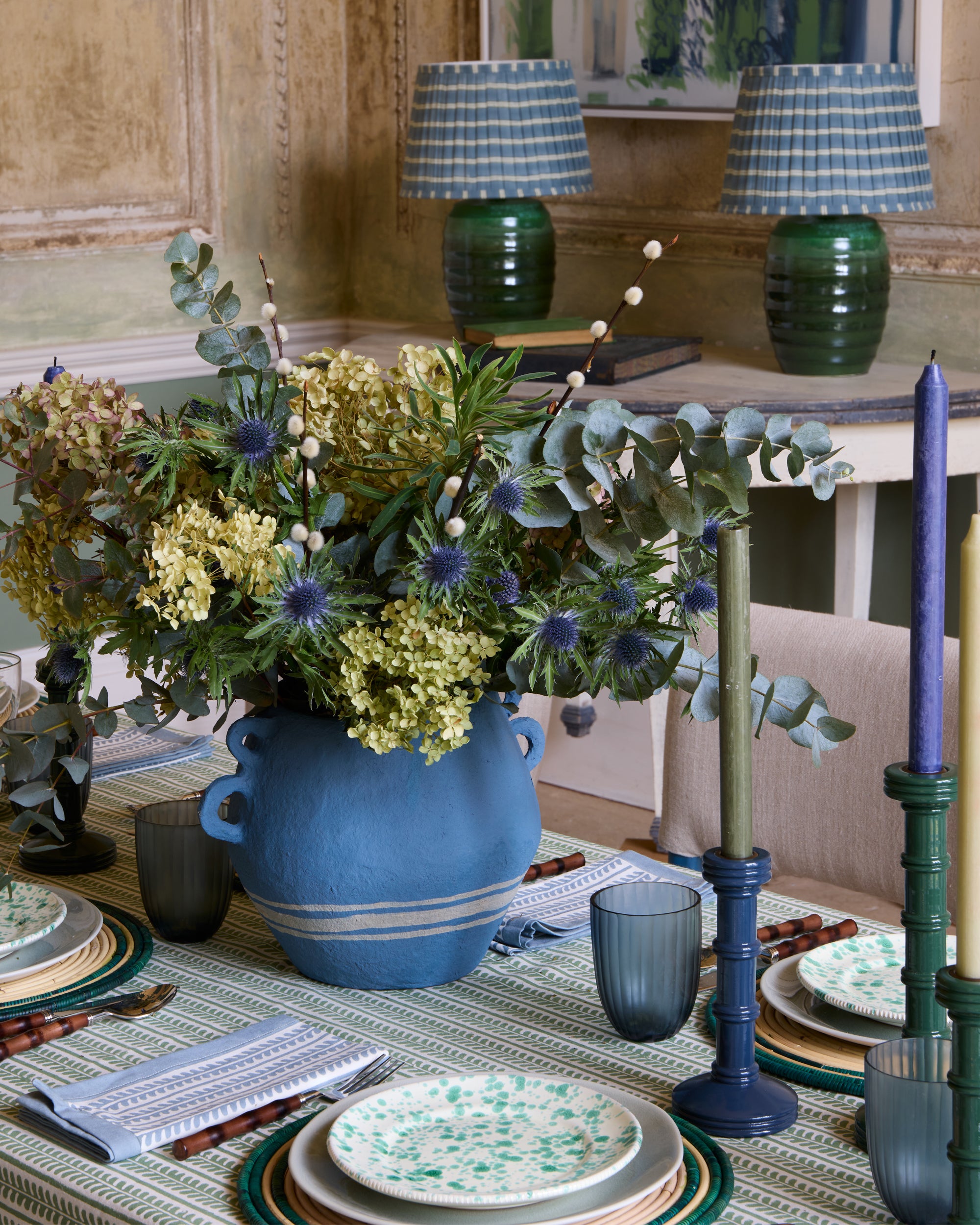 Tablescape featuring Gloss Painted Wooden Column Candlestick - Blue