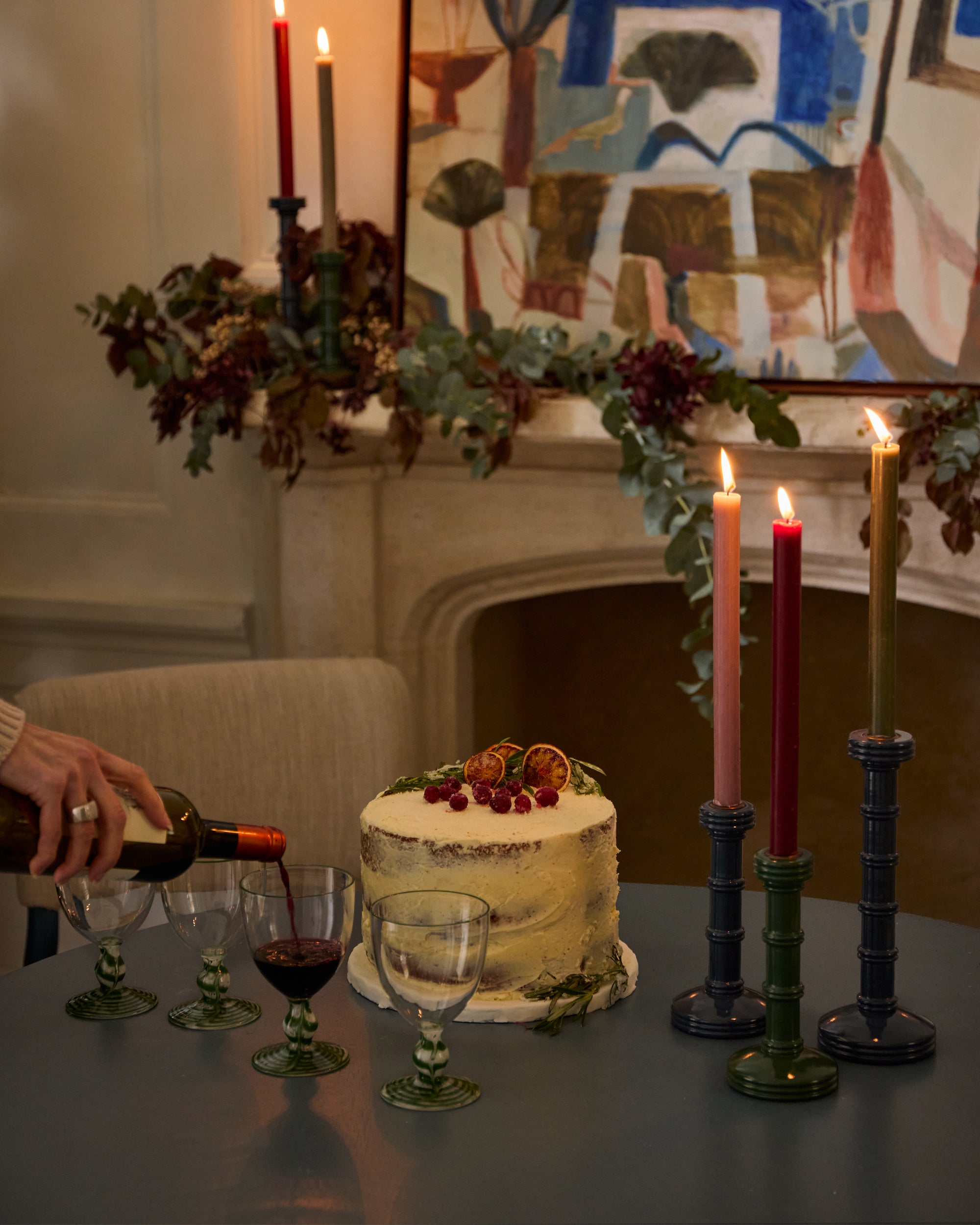 Tablescape featuring Gloss Painted Wooden Column Candlestick - Blue