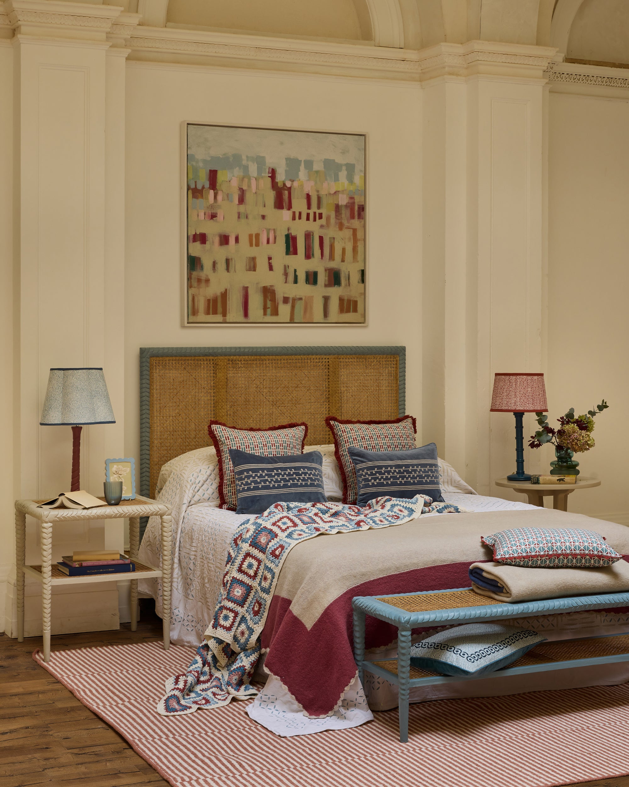 Calcada Tile Print Scalloped Lampshade - Blue, in a pink and blue bedroom