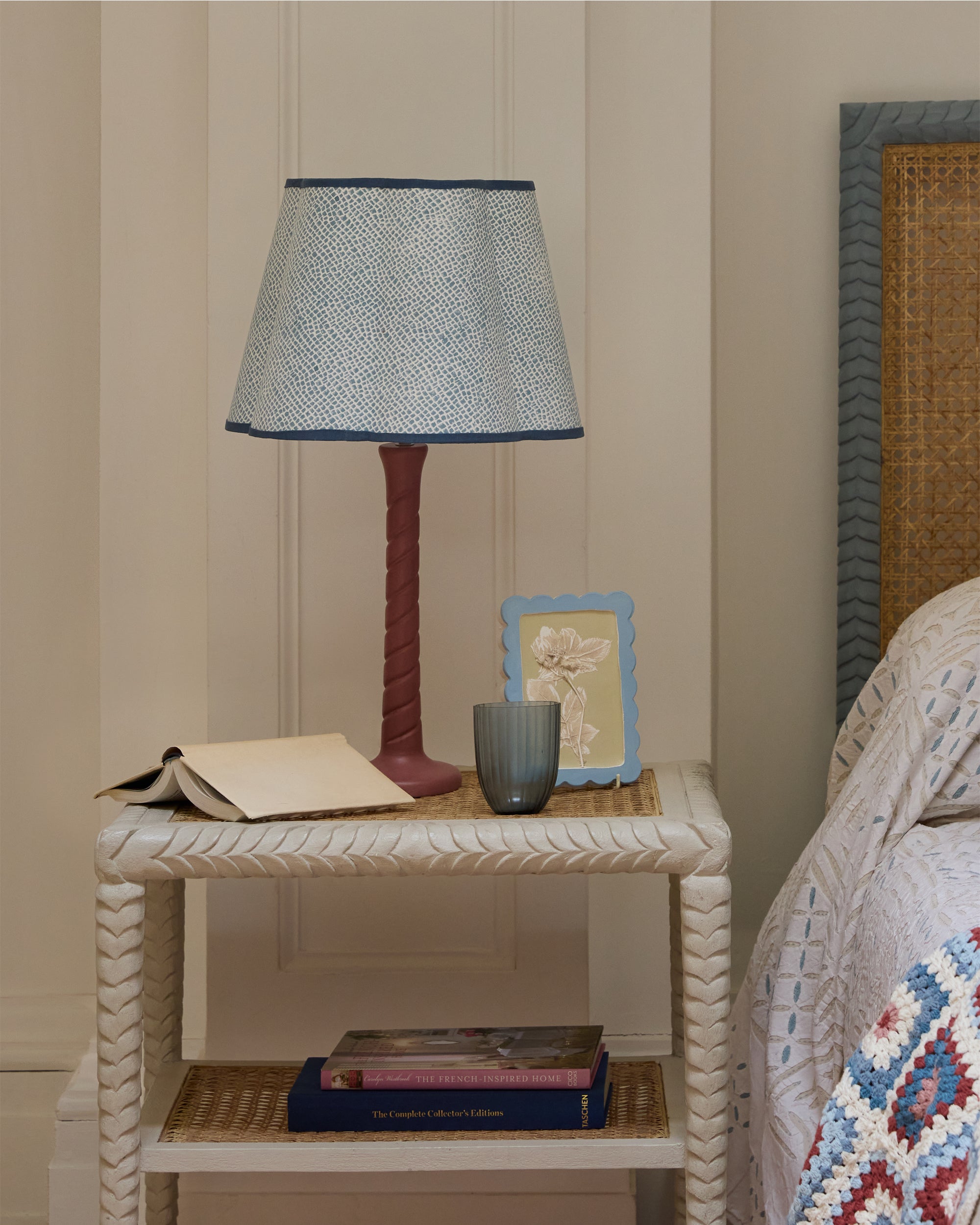 Calcada Tile Print Scalloped Lampshade - Blue, on a pink Twisted Table Lamp