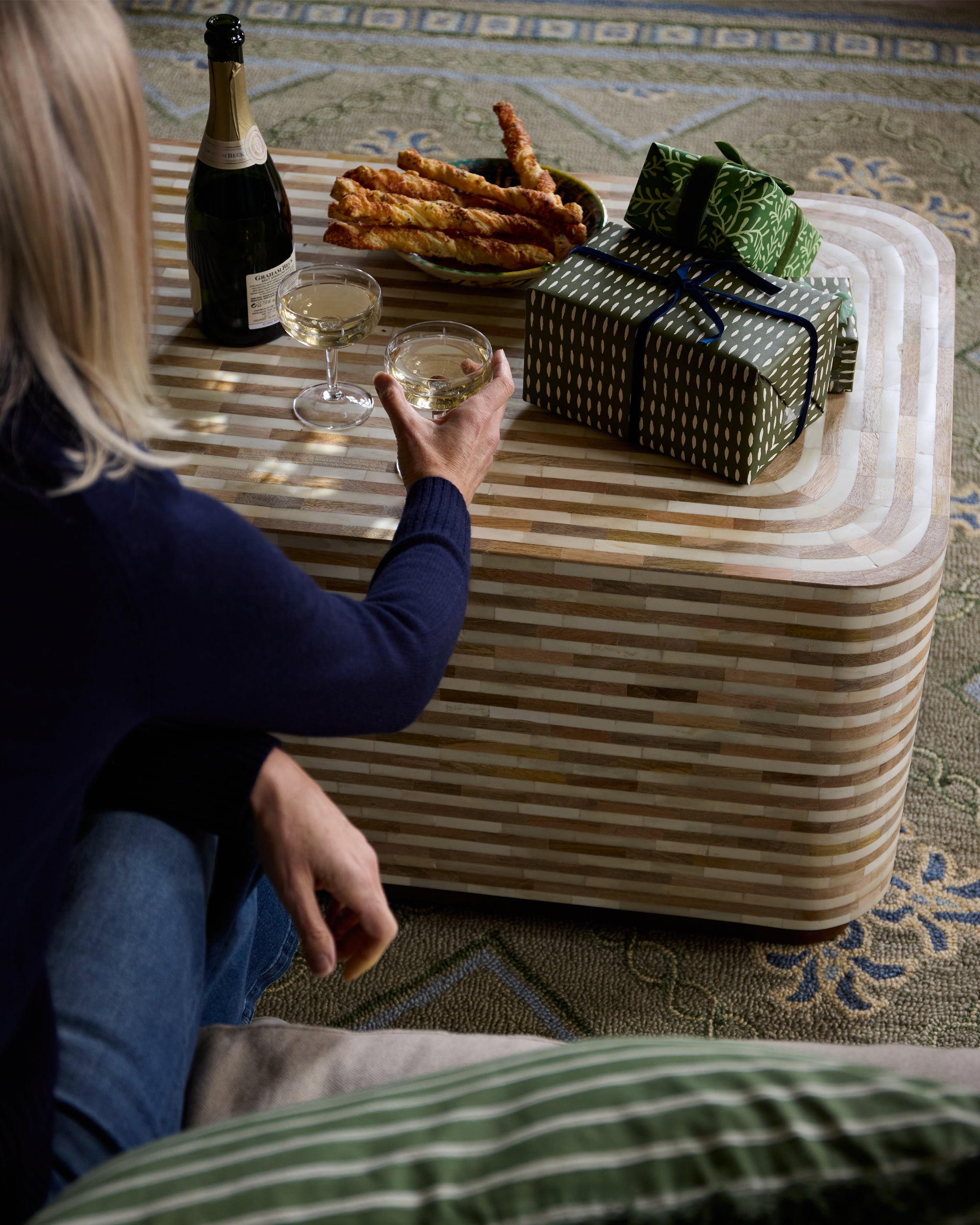 Havana Stripe Bone Inlay Coffee Table with Christmas presents