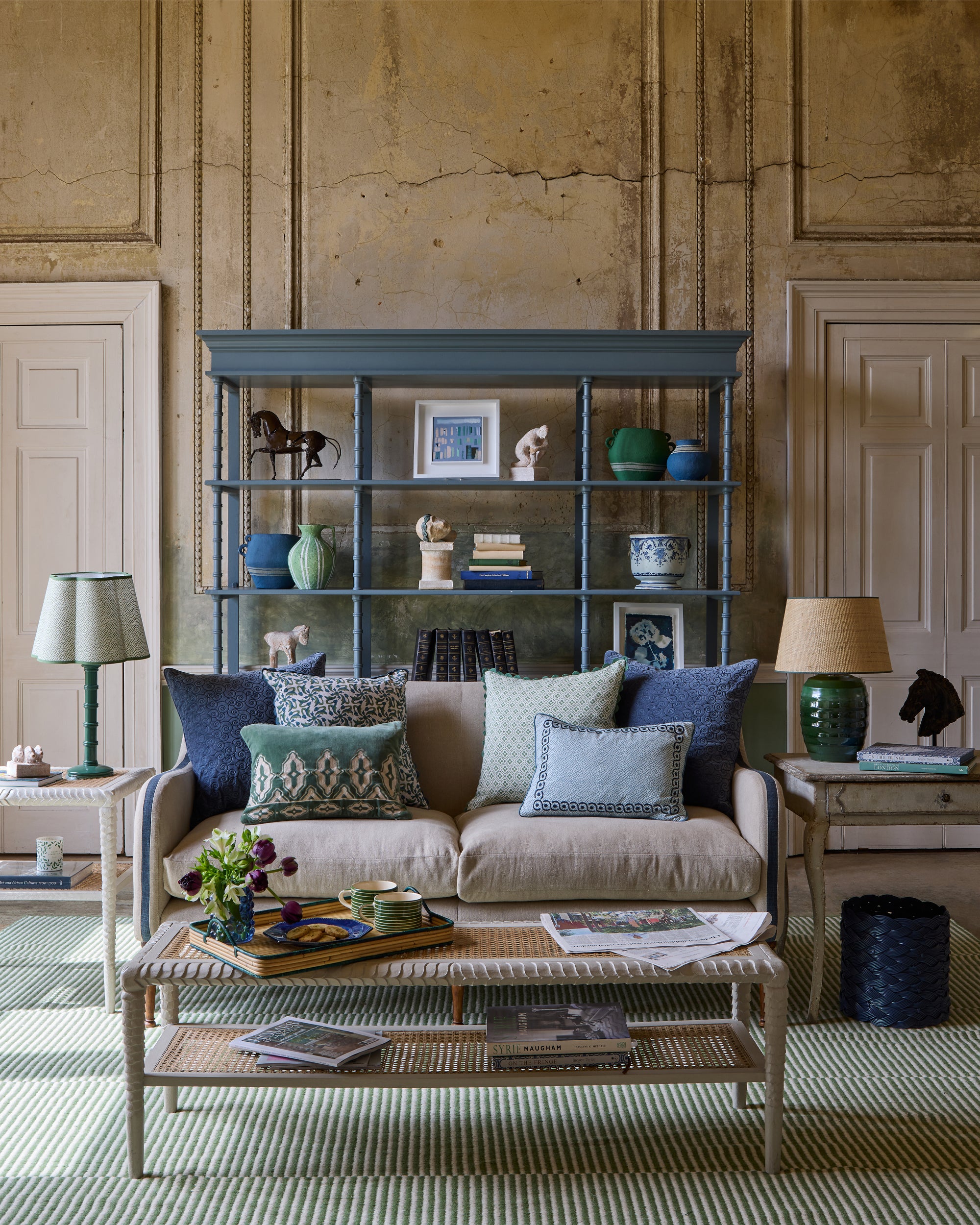 Calcada Tile Print Scalloped Lampshade - Green, in a blue and green sitting room