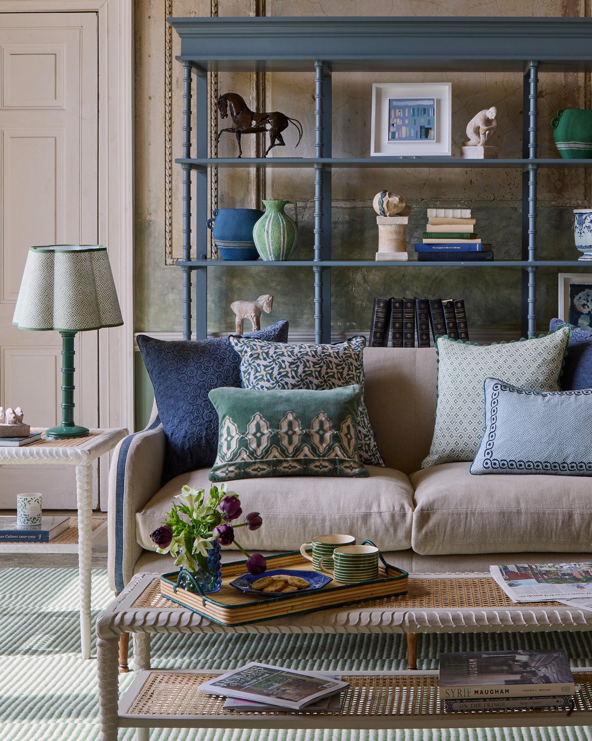 Gloss Painted Wooden Column Table Lamp with Calcada Lampshade - Hedge Green, in a blue and green sitting room