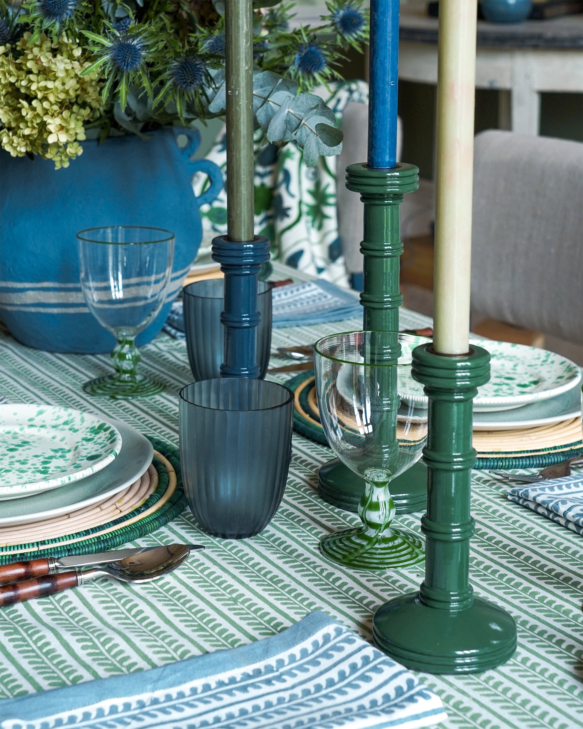 Tablescape featuring Gloss Painted Wooden Column Candlestick - Green