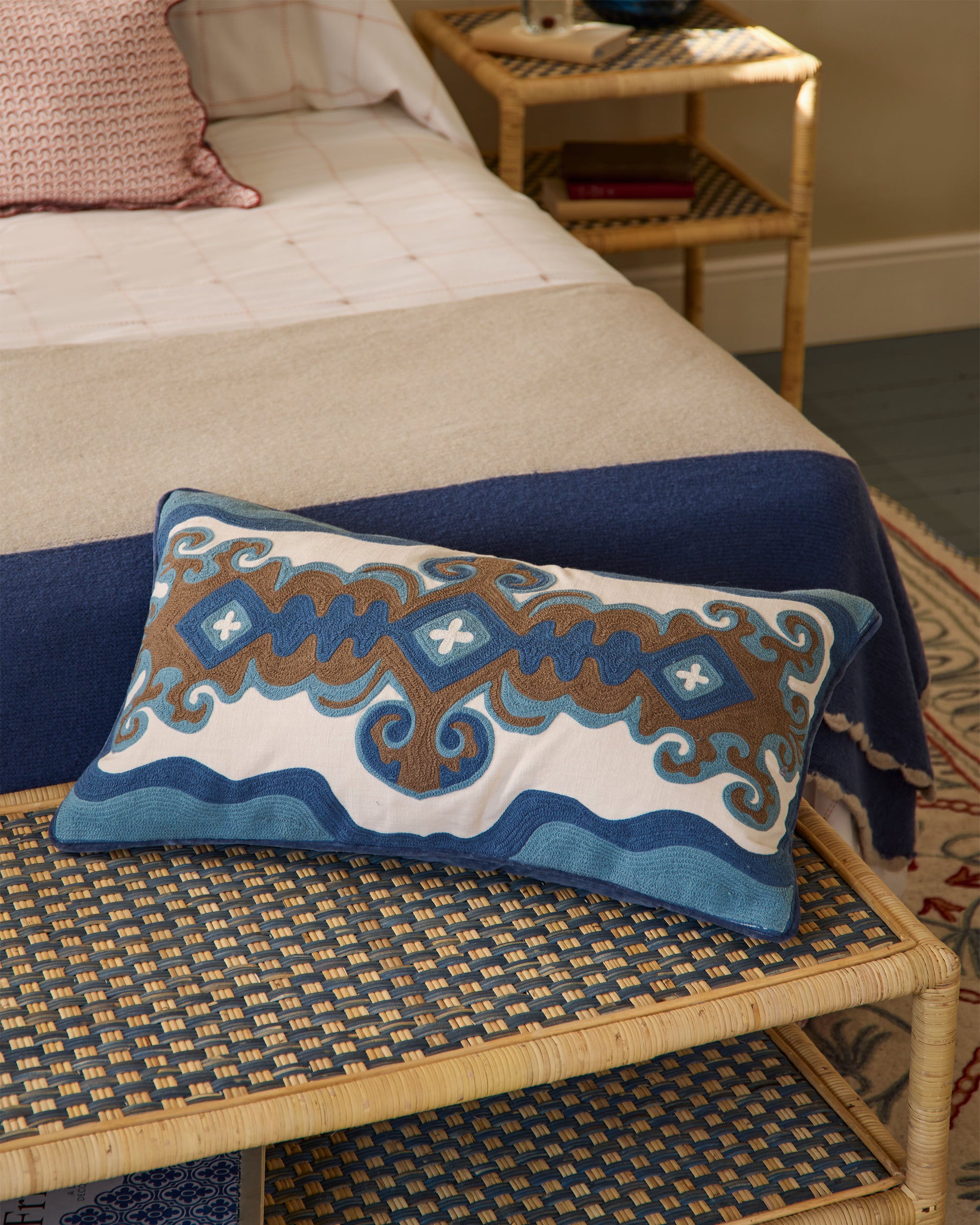 Rattan Ottoman – Blue & Natural