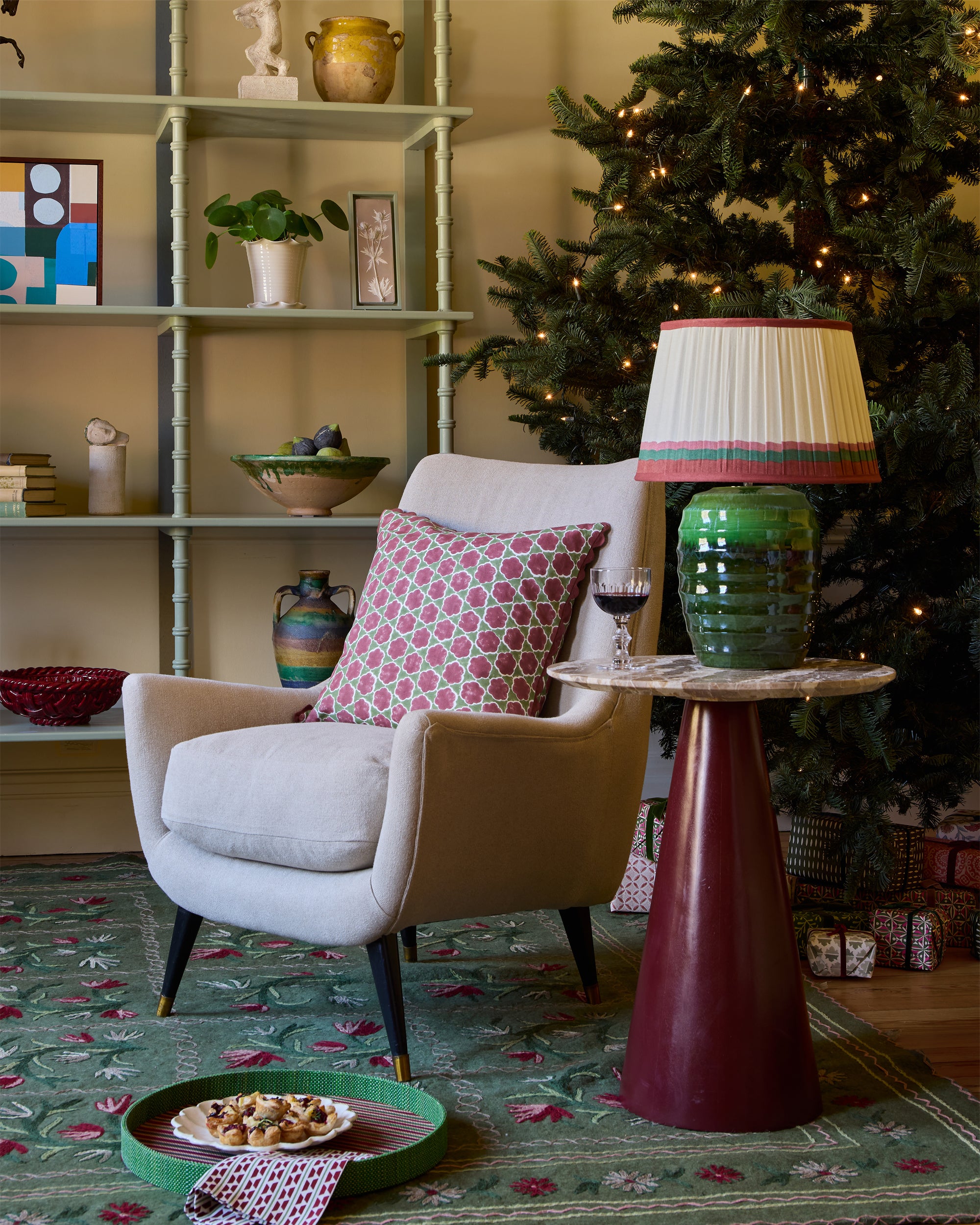 Bordered Silk Pleated Lampshade - Red & Green