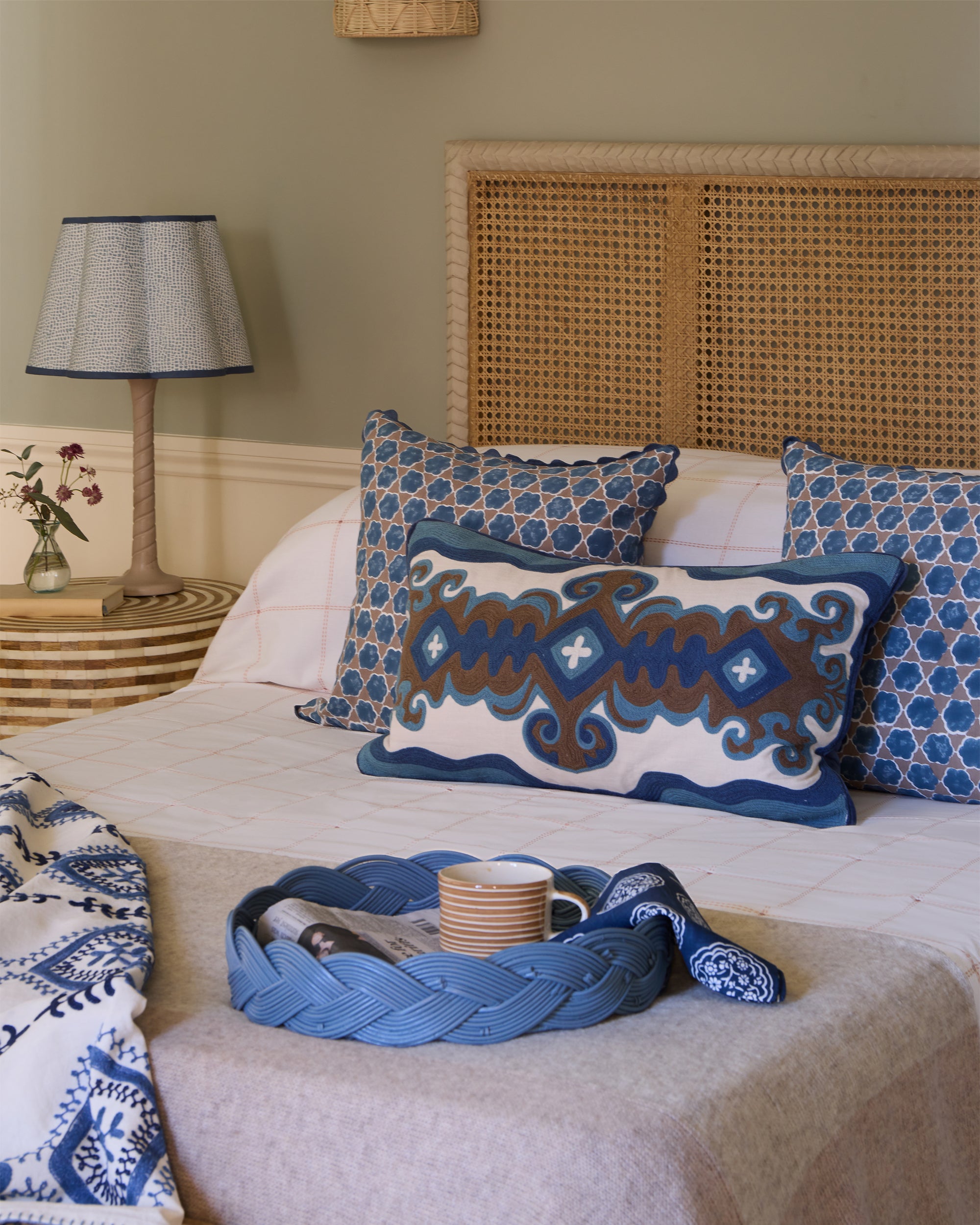 Large Scrolling Crewel Work Cushion - Blue & Taupe