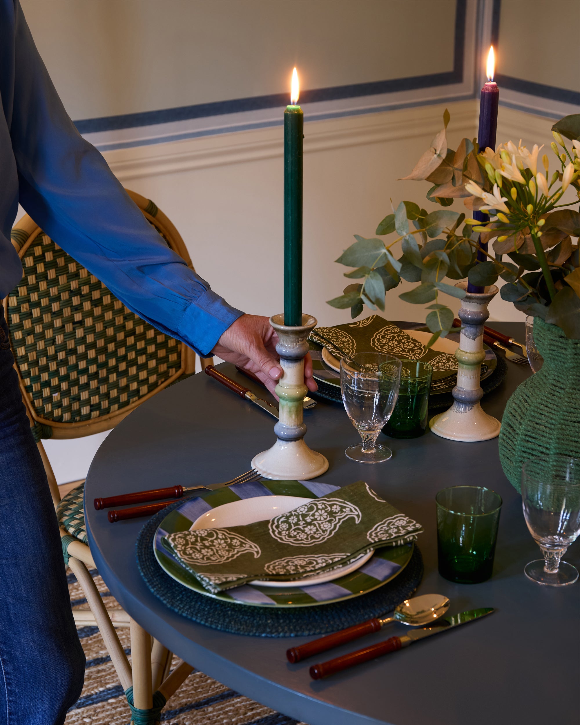 San Pedro Glazed Candlestick - Green Multi