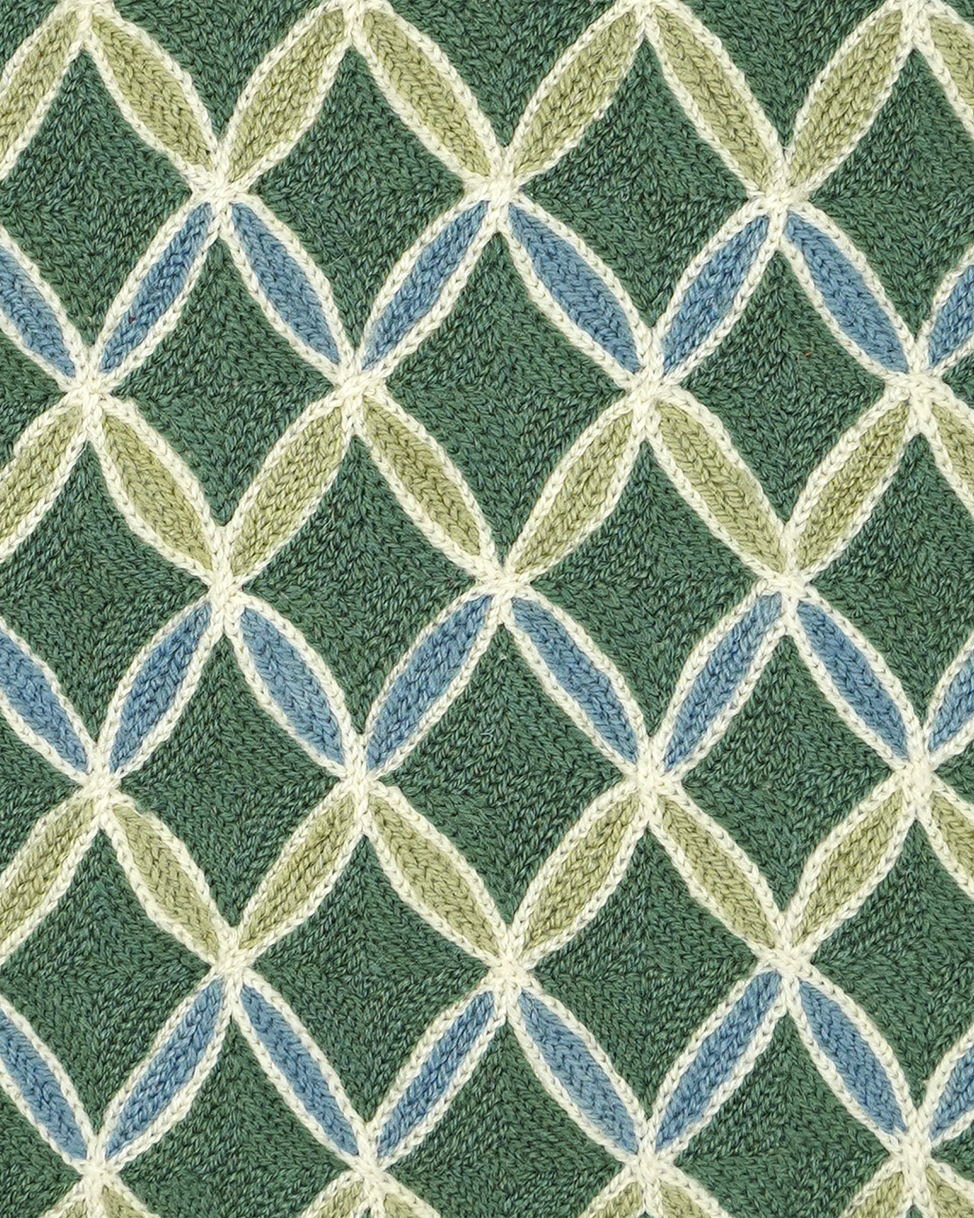 A close-up of a textured knit fabric featuring a repeating geometric diamond pattern in dark green, light olive green, dusty blue, and cream.