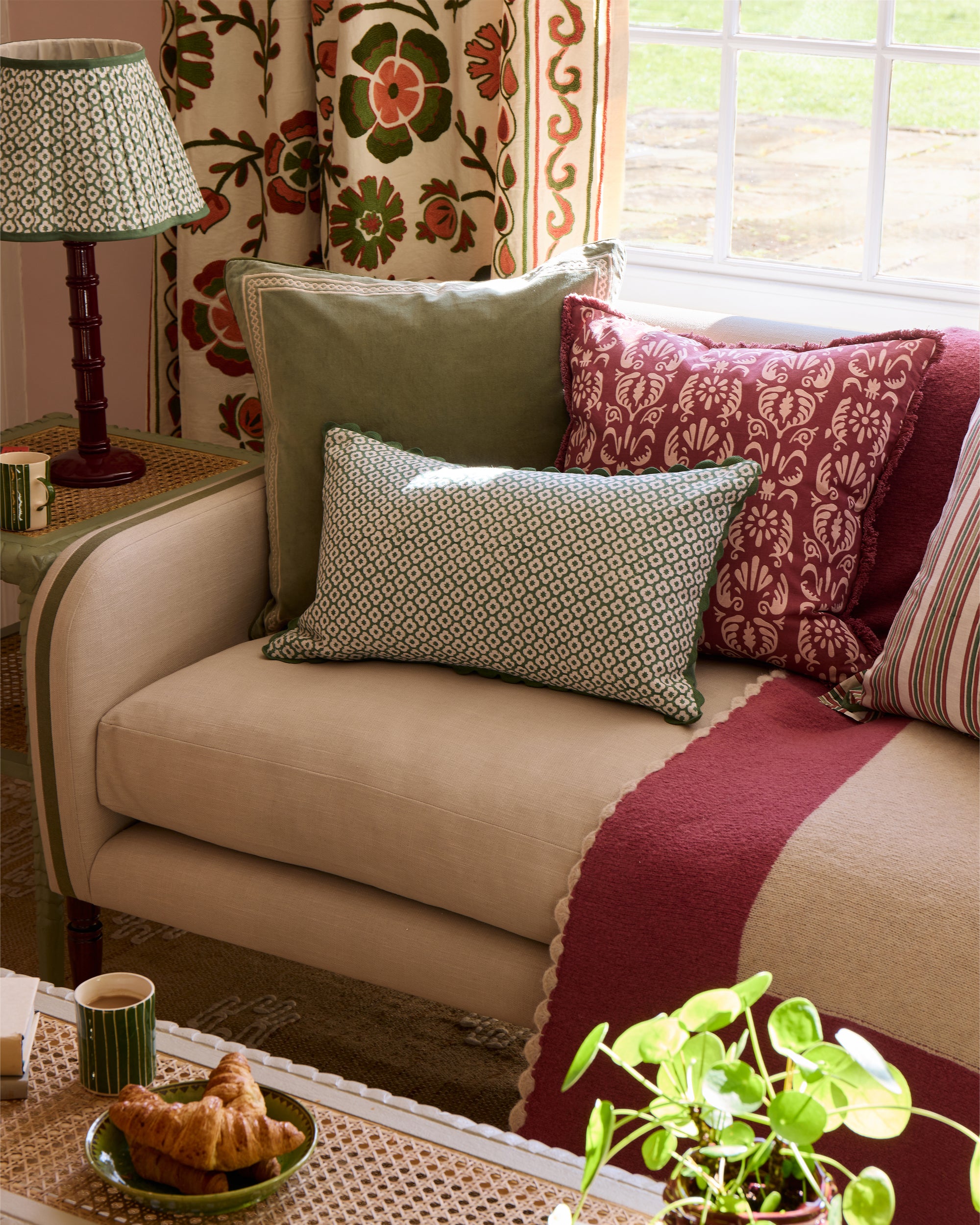 Shisho Square Embroidered Velvet Cushion - Forest Green