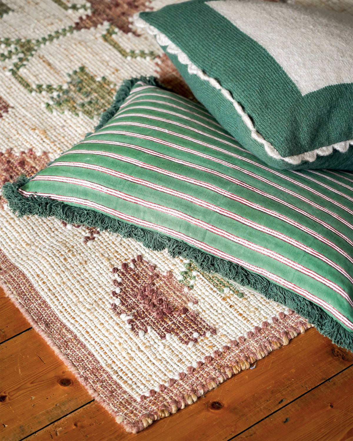 Edo Stripe Cushion - Moss Green and Pink