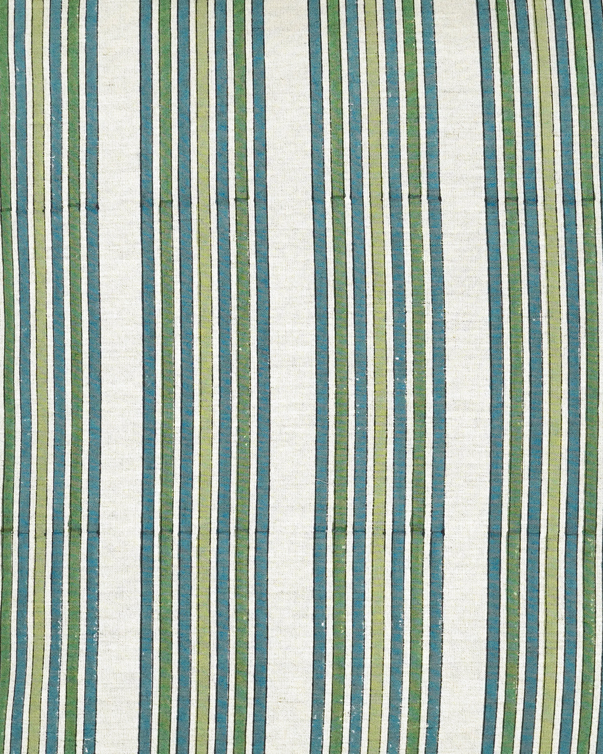 Vertical striped fabric pattern with alternating wide off-white stripes and narrower blue, green, and olive stripes.