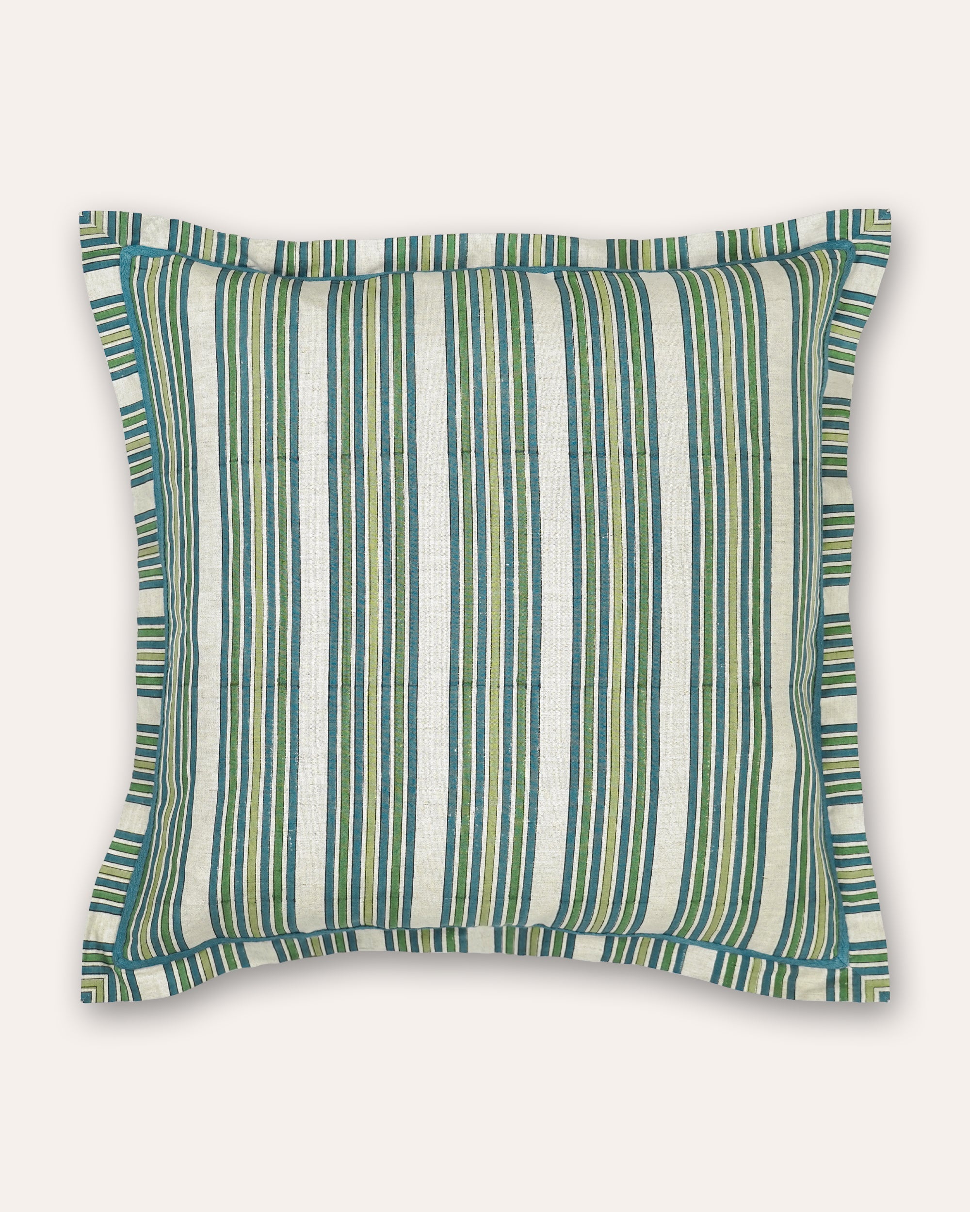 A square cushion featuring a vertical stripe pattern in shades of teal, green, and white, with a matching ruffled edge, shown against a solid off-white background.
