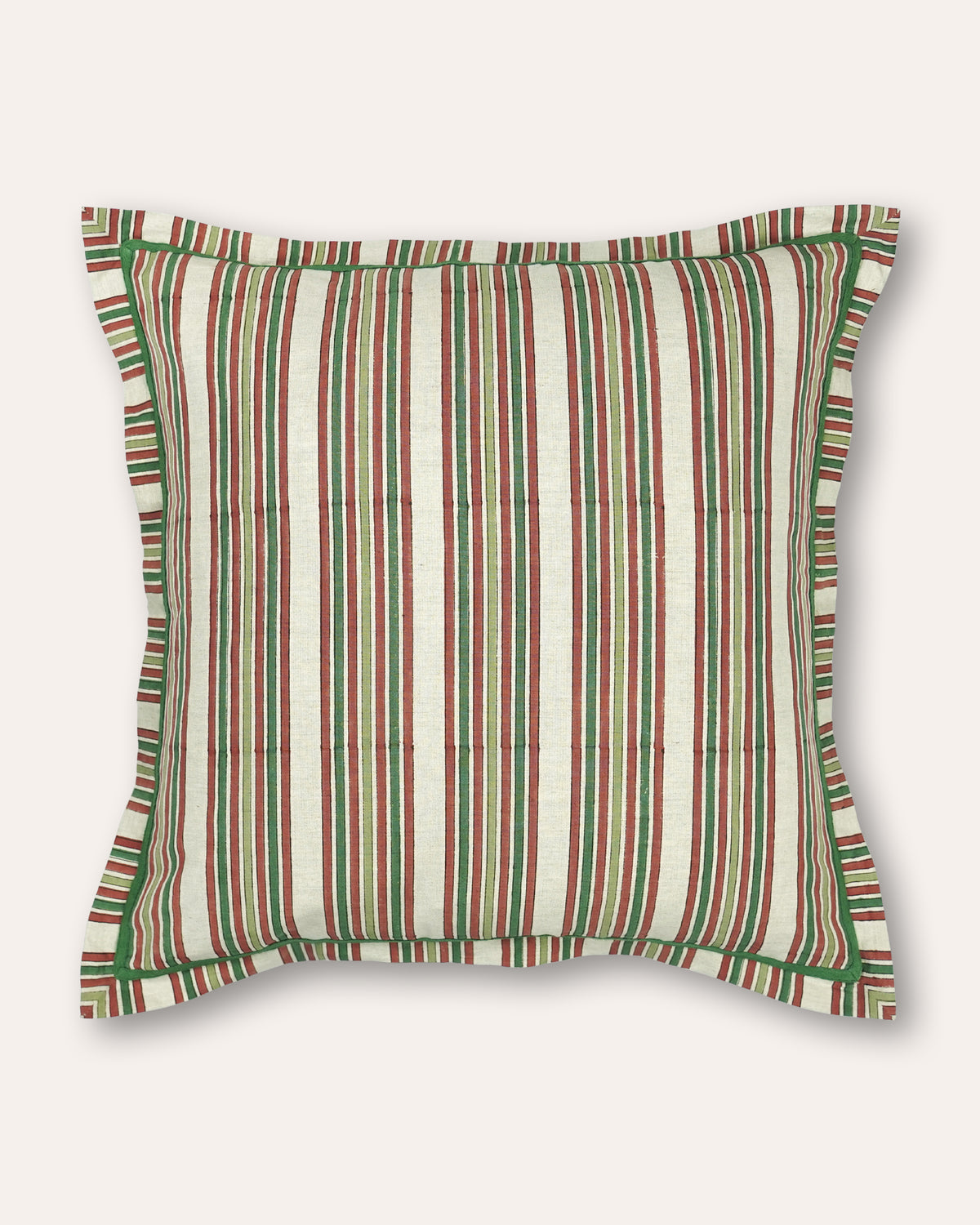 A square decorative cushion with a vertical striped pattern in cream, green, and red, featuring a matching ruffled border, shown against a plain light beige background.