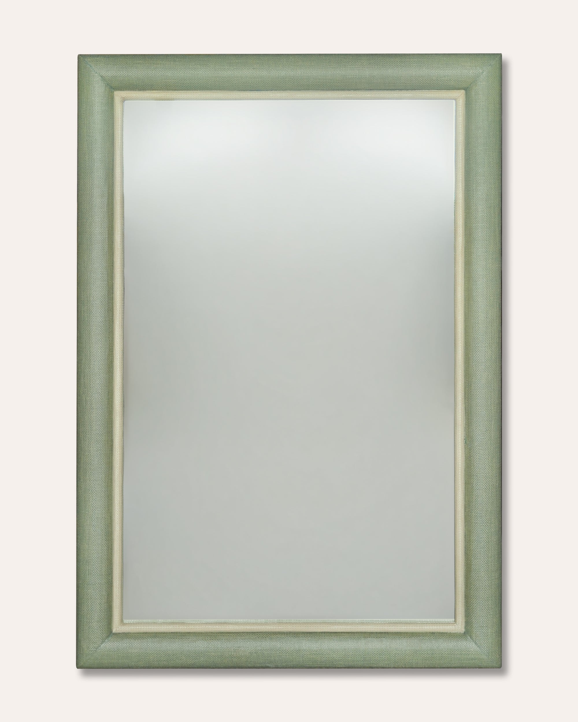 A rectangular wall mirror with a textured sage green frame and a thin cream inner border, shown against a plain off-white background.