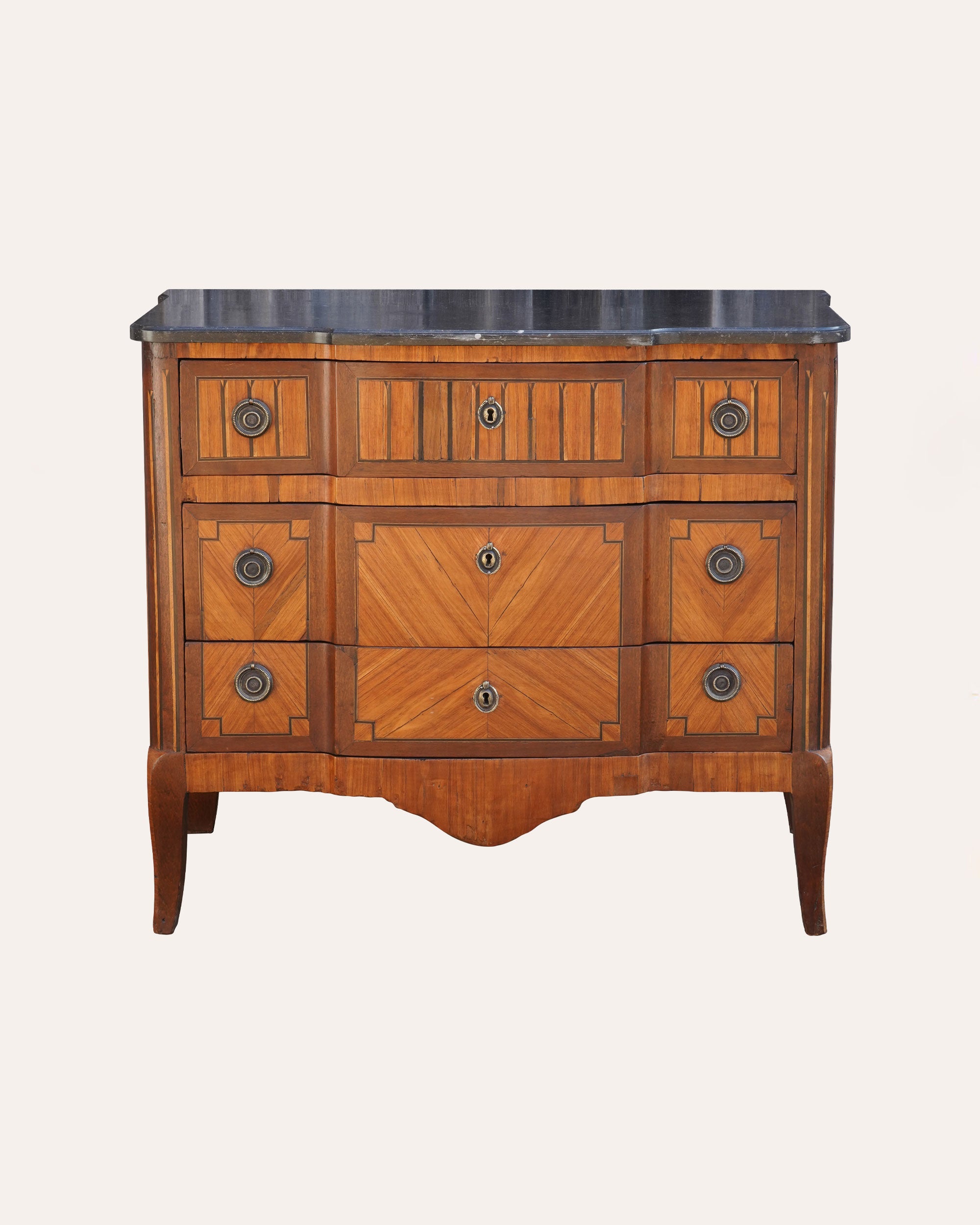 SOLD - French early 20th Century mahogany and inlaid commode with a marble top, c1900