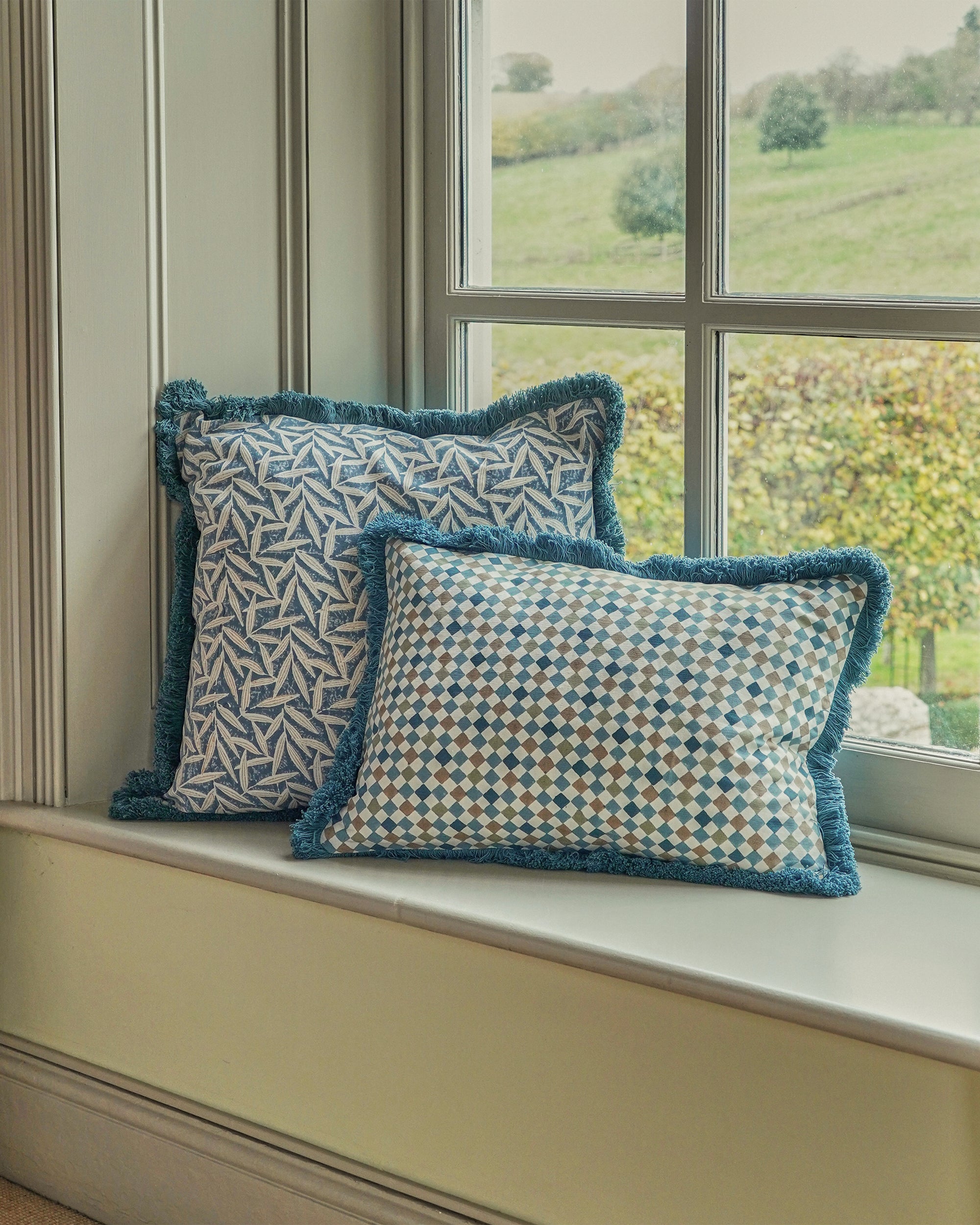 Azulejo Rectangular Block Print Cushion - Blue