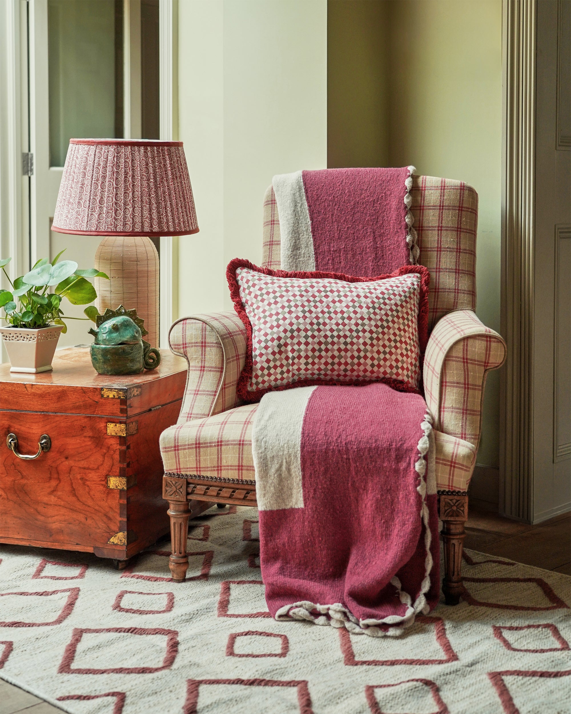 Azulejo Rectangular Block Print Cushion - Red and Taupe