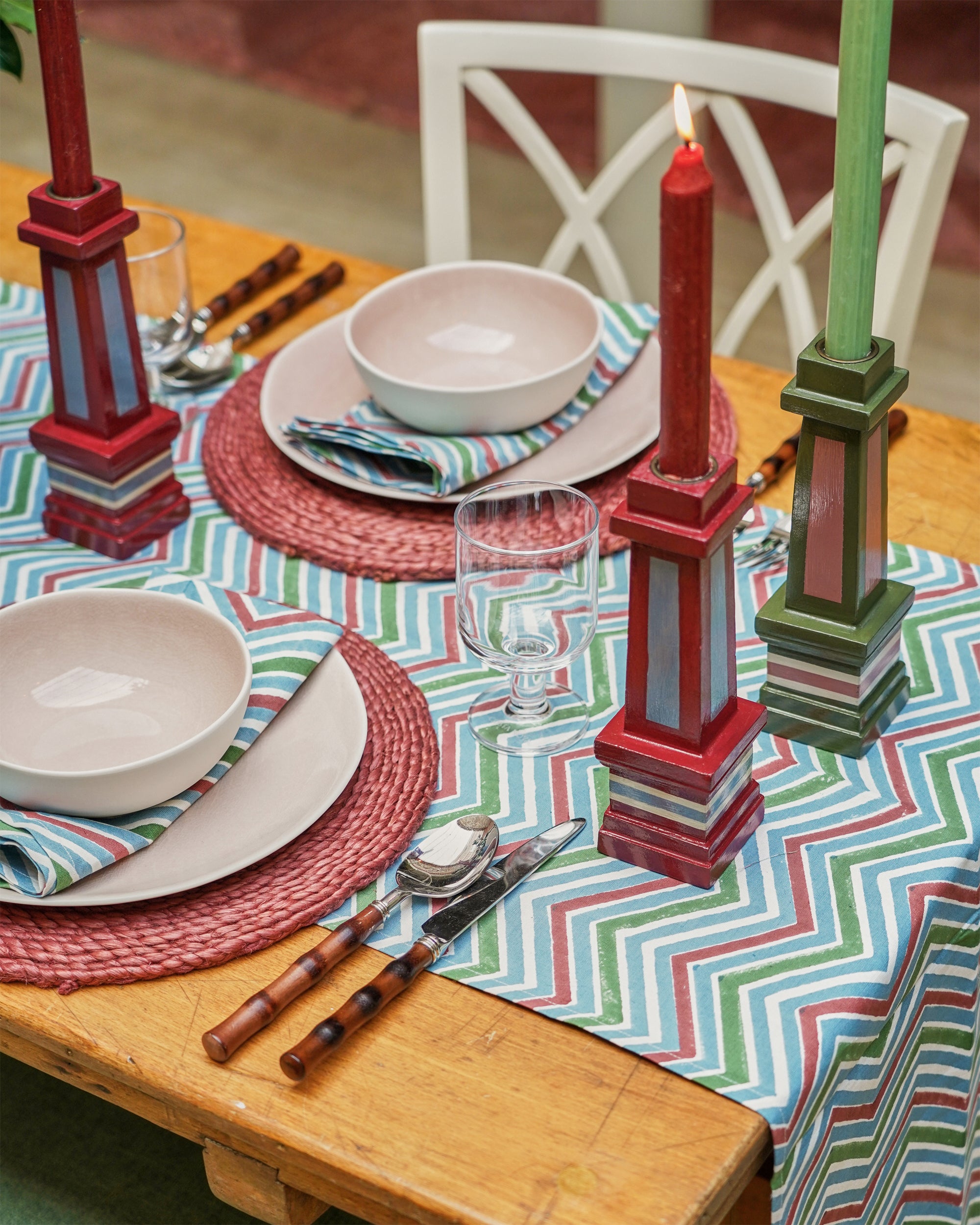 Chevron Block Print Cotton/Linen Table Runner - Multi