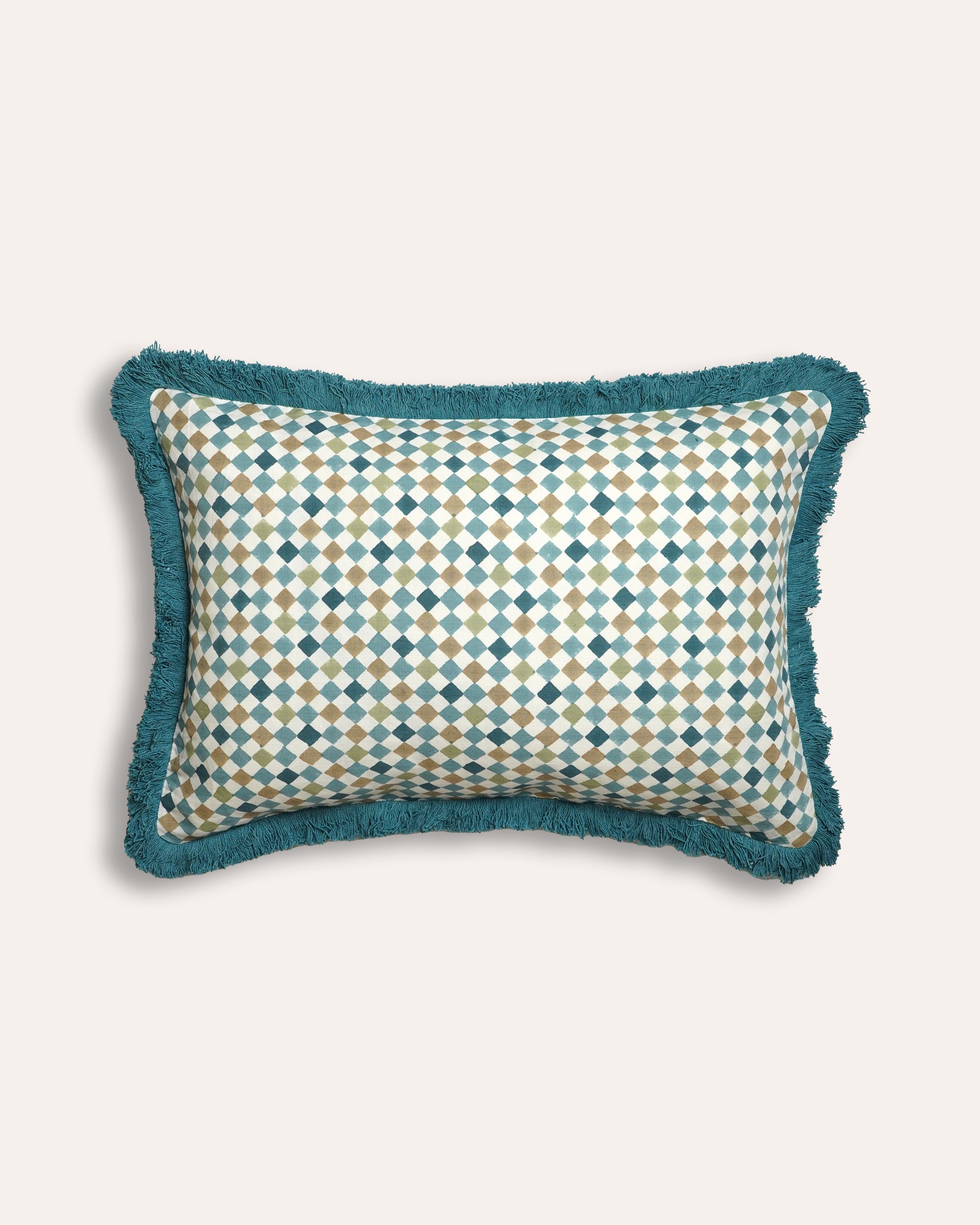 Blue Azulejo Block Print Check Cushion With Blue Fringe