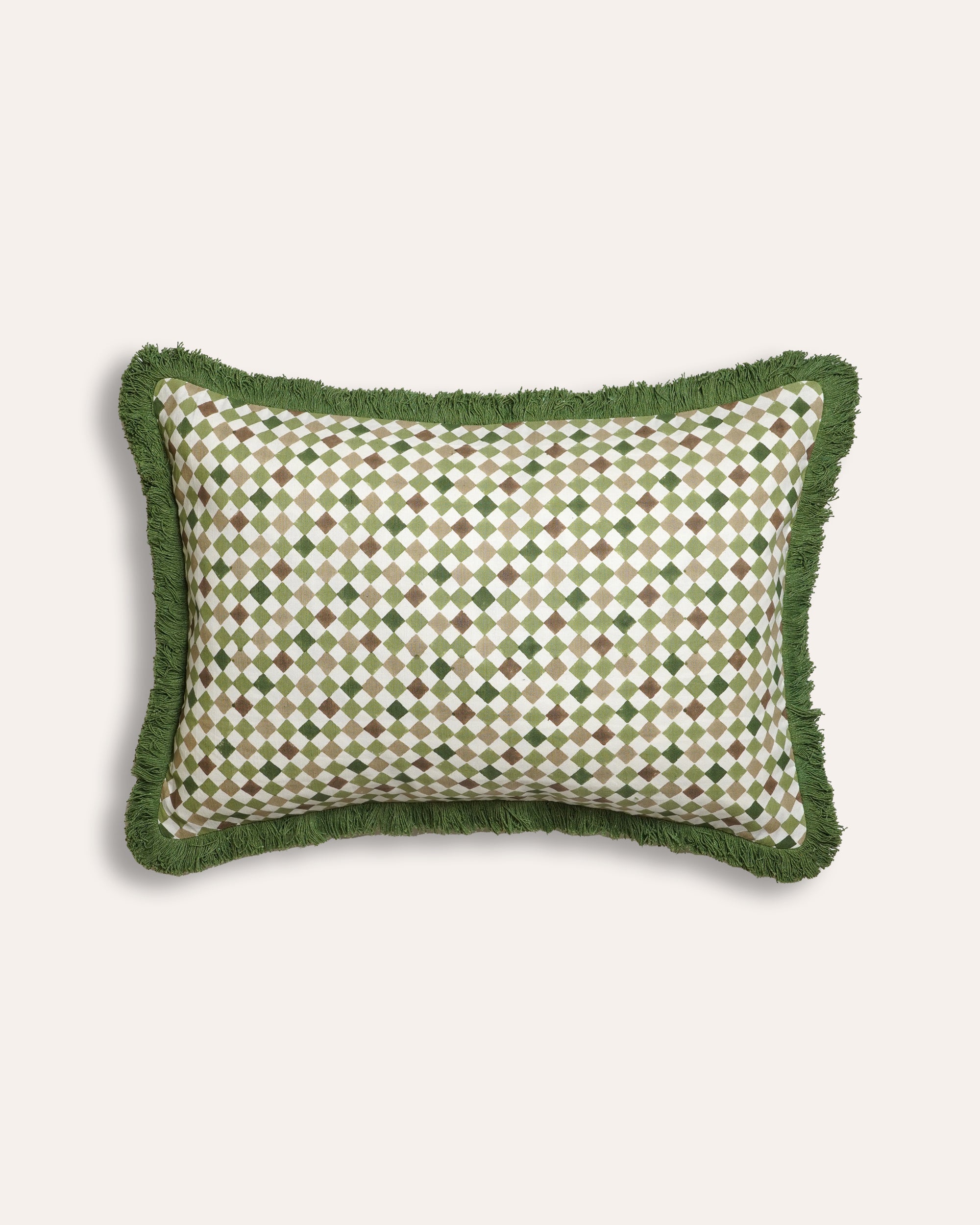 Green Azulejo Block Print Check Cushion With Green Fringe