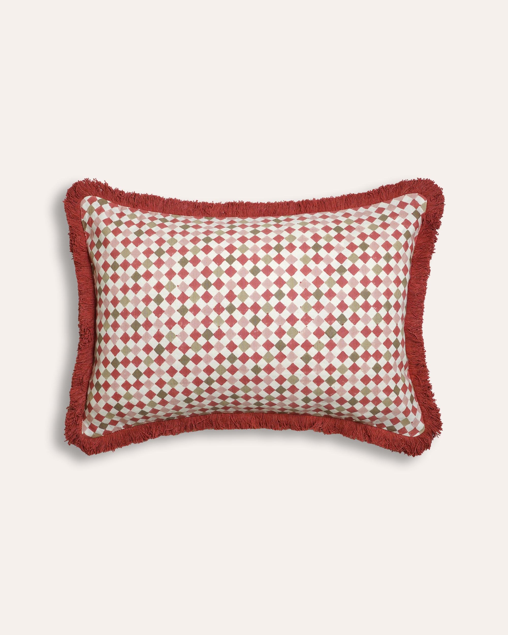 Red Azulejo Block Print Check Cushion With Red Fringe