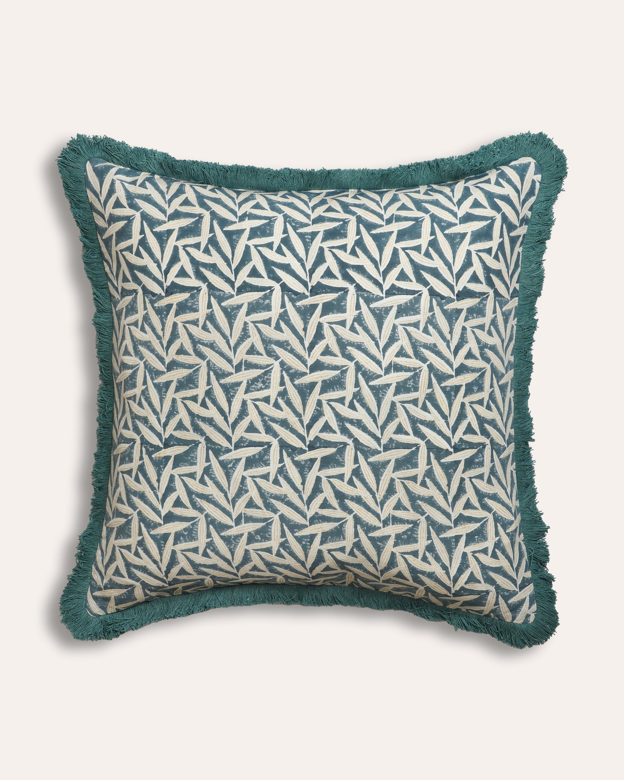 Blue Square Bamboo Block Print Cushion With Blue Fringe