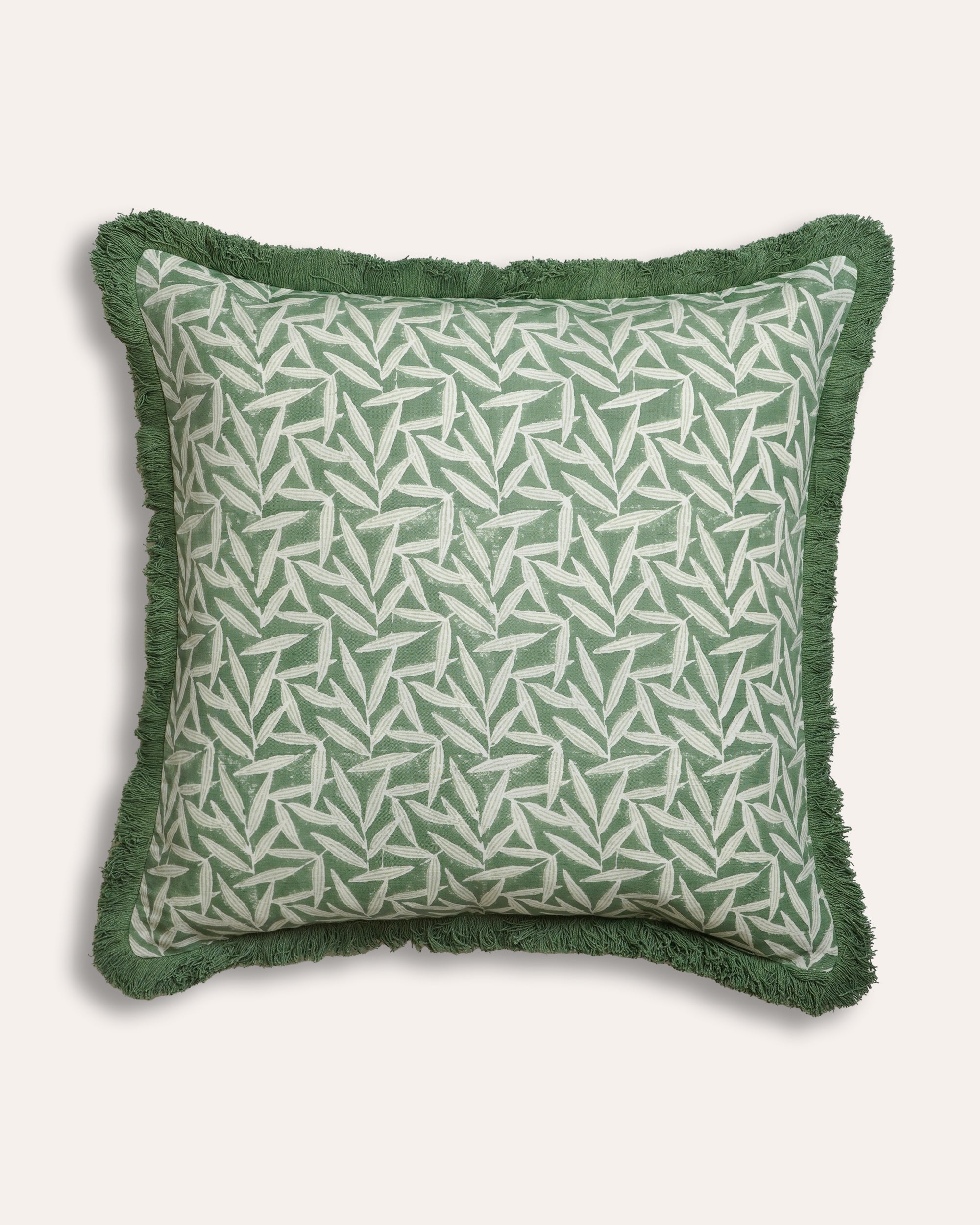 Green Square Bamboo Block Print Cushion With Green Fringe