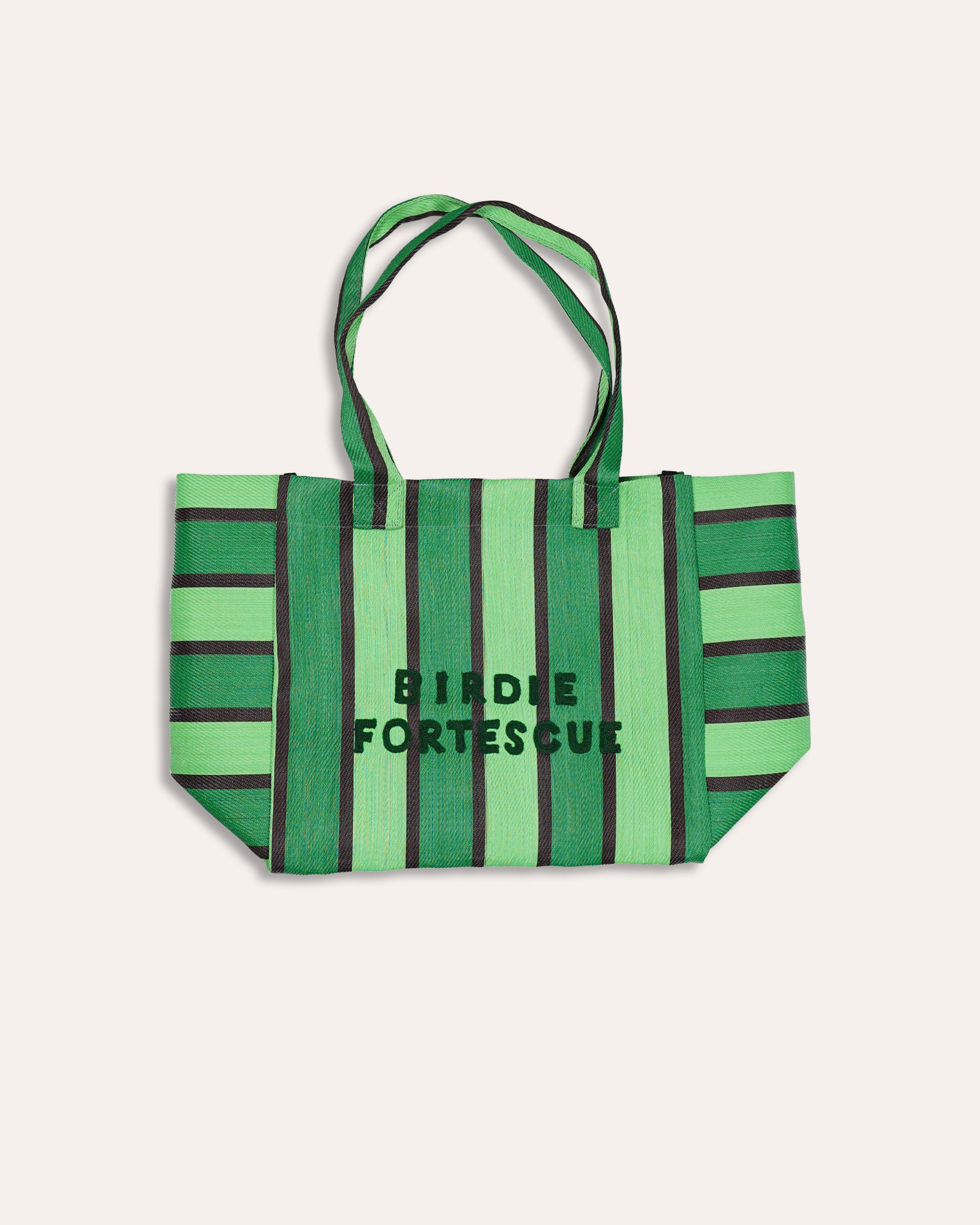Green striped tote bag with 'Birdie Fortescue' branding on a white background