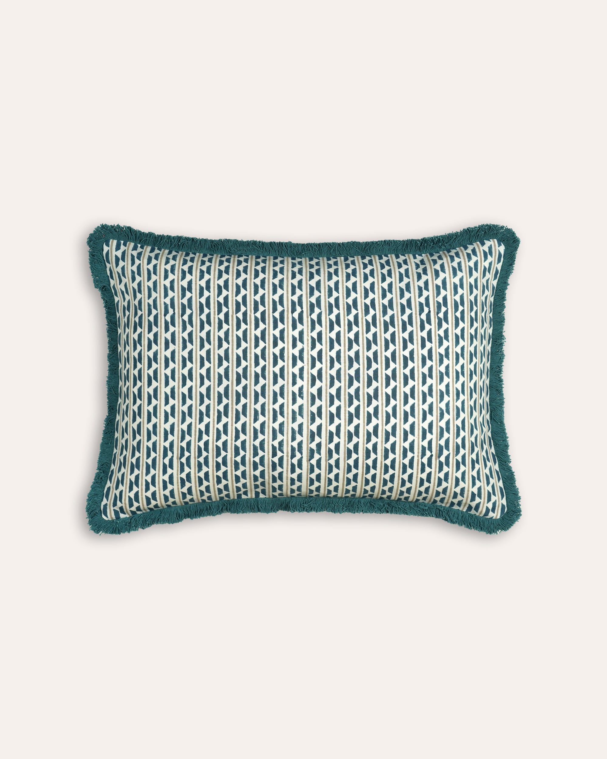 Textured rectangular cushion with a green border on a white background