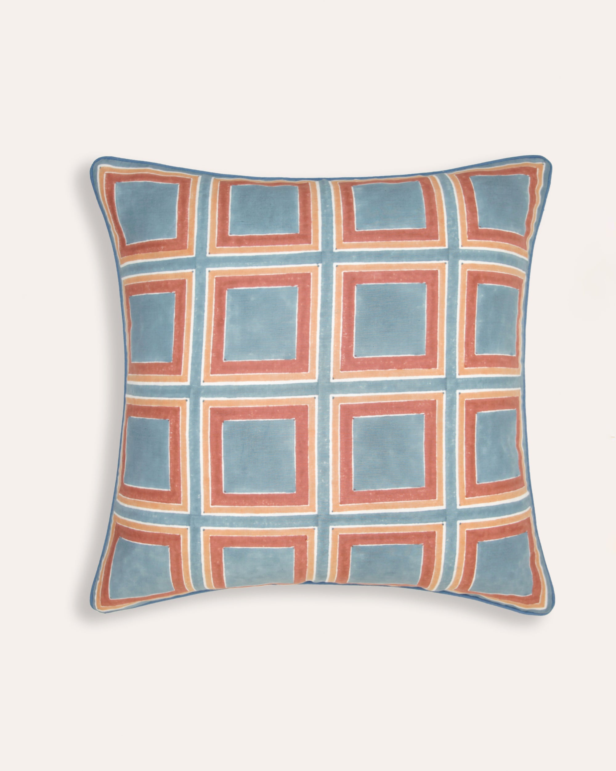Santa Croce Block Print Cushion - Blue with Pink