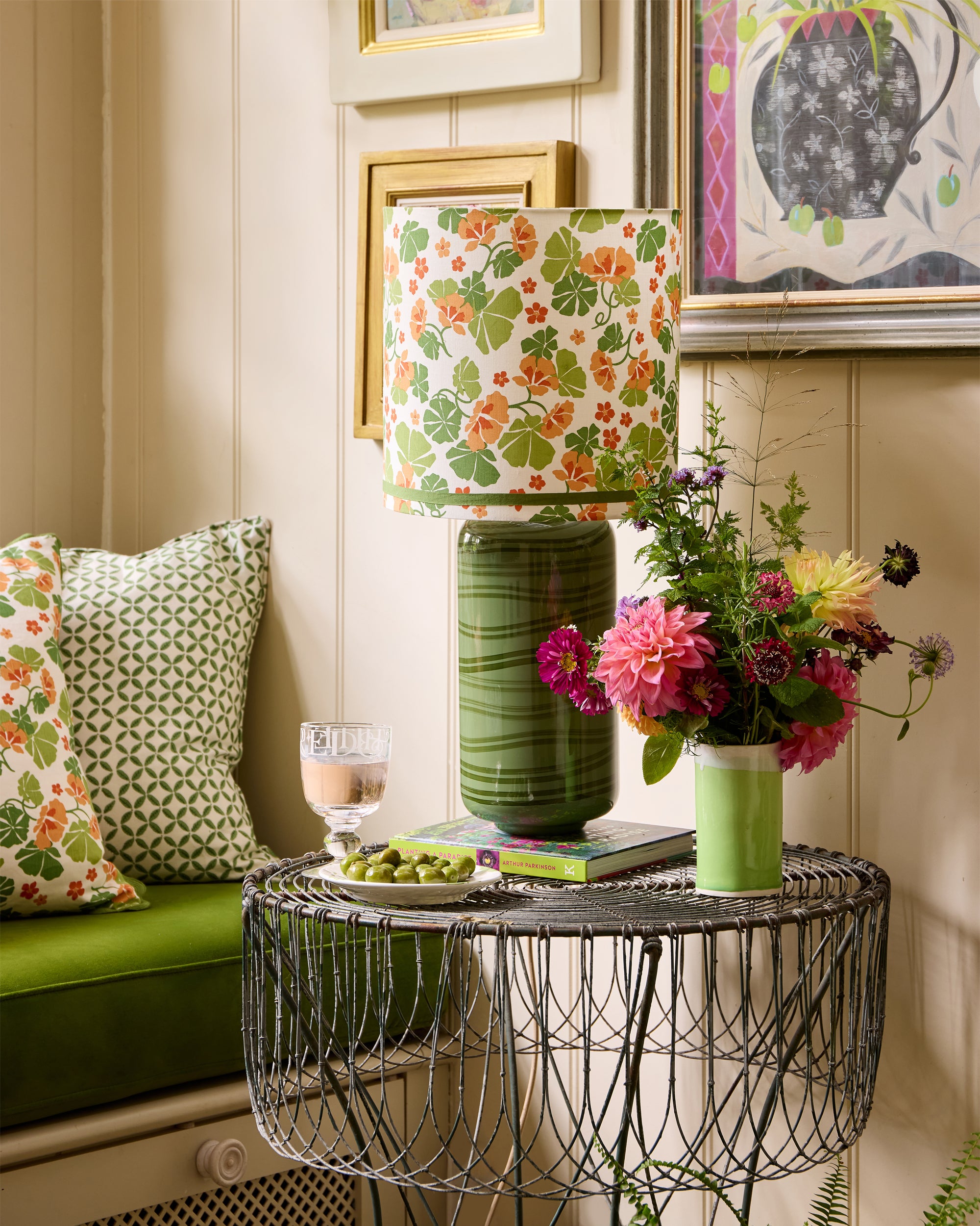 Pretty floral Nasturtium drum shade paired with the green Maypole lamp base