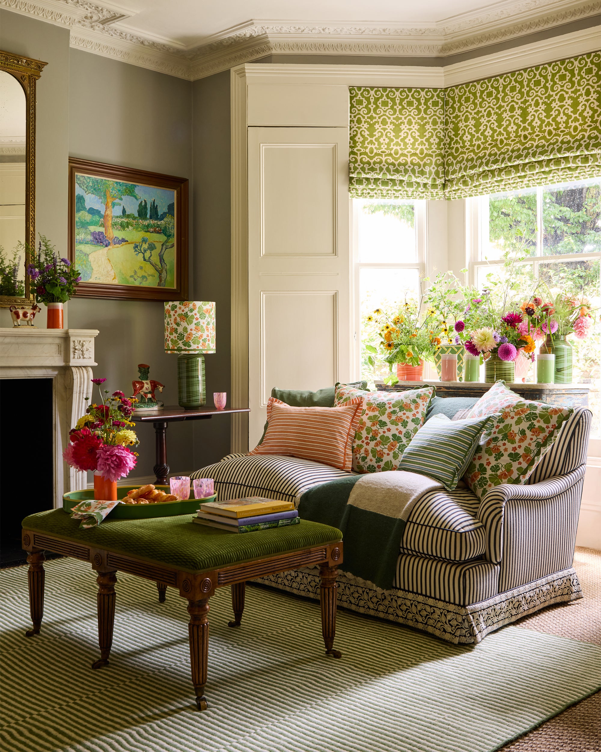 Butter Wakefields sitting room styled with a mixture of floral and striped patterned products from the Nasturtium collection