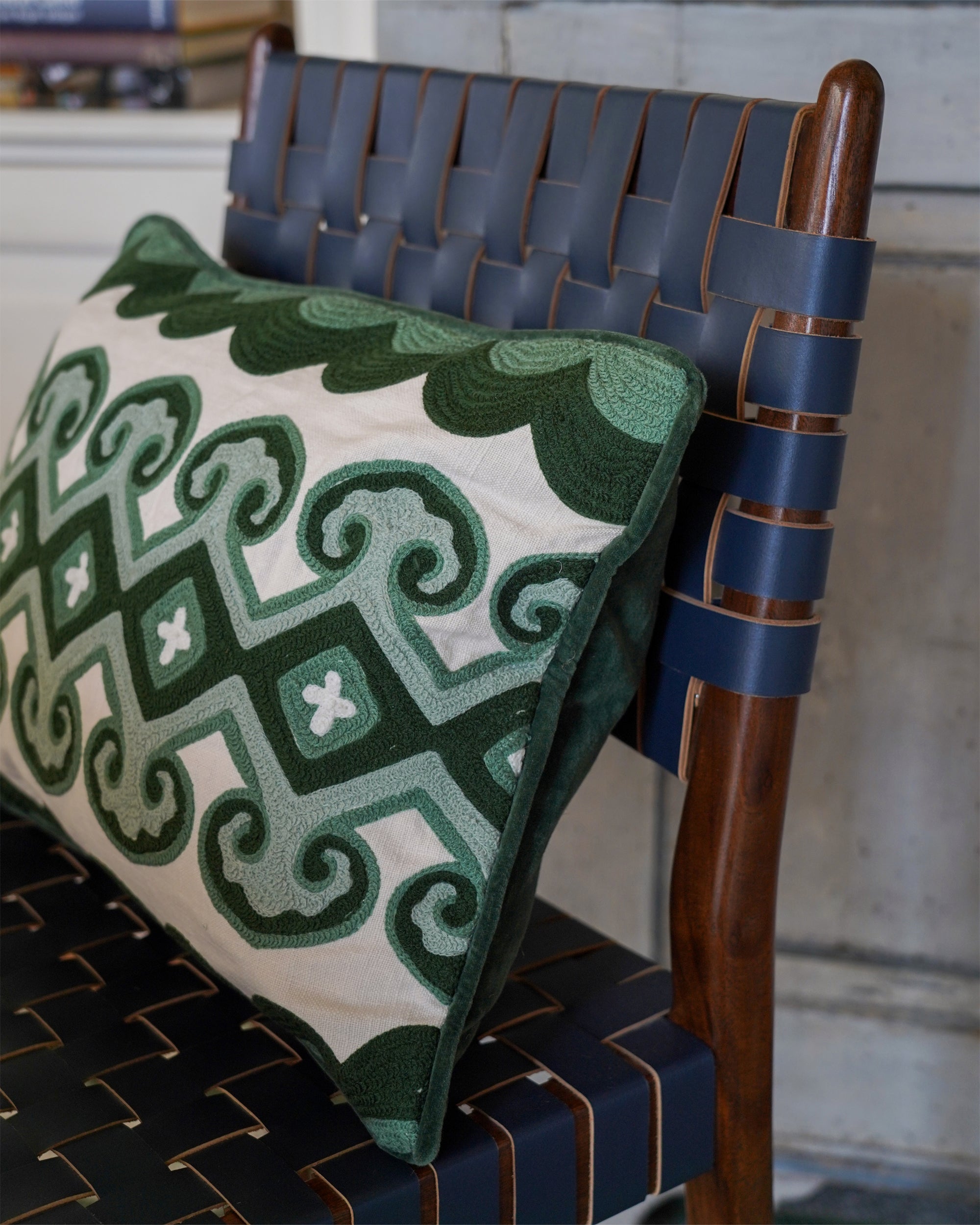 Lattice Crewel Work Cushion - Green
