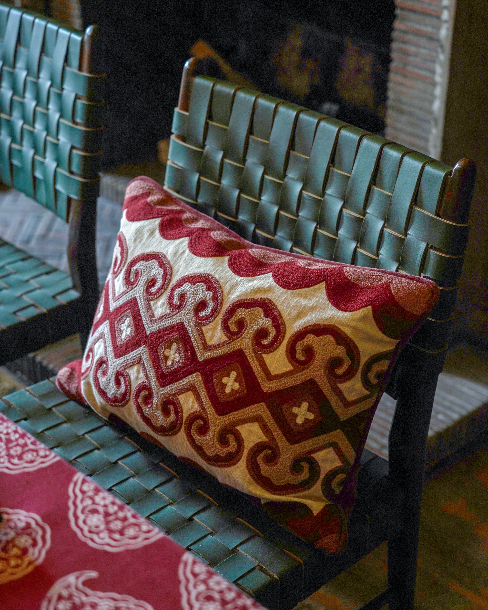Lattice Crewel Work Cushion - Red