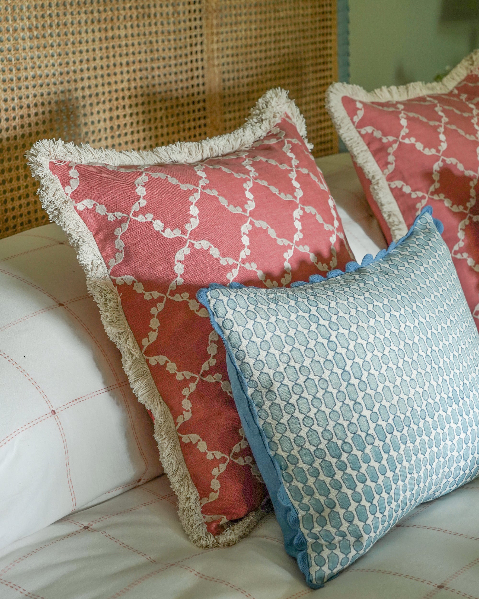 Embroidered Linen Cushion - Pink