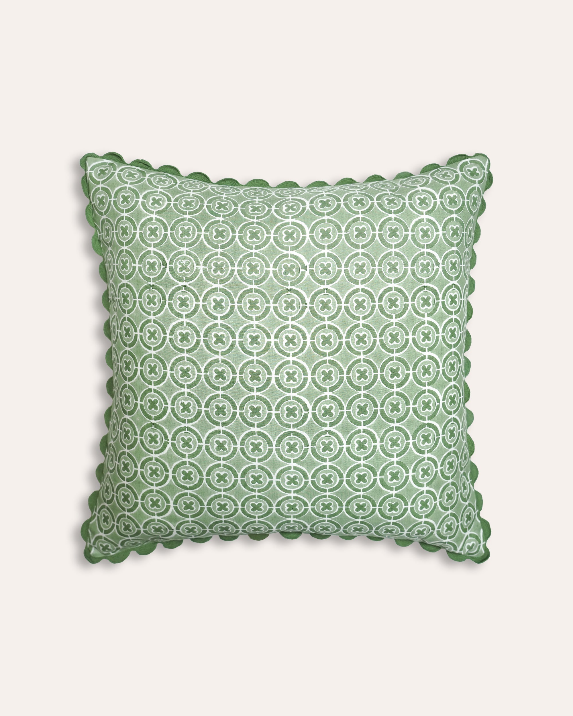 Green geometric square Ciculo block print cushion - Birdie Fortescue Soft Furnishings