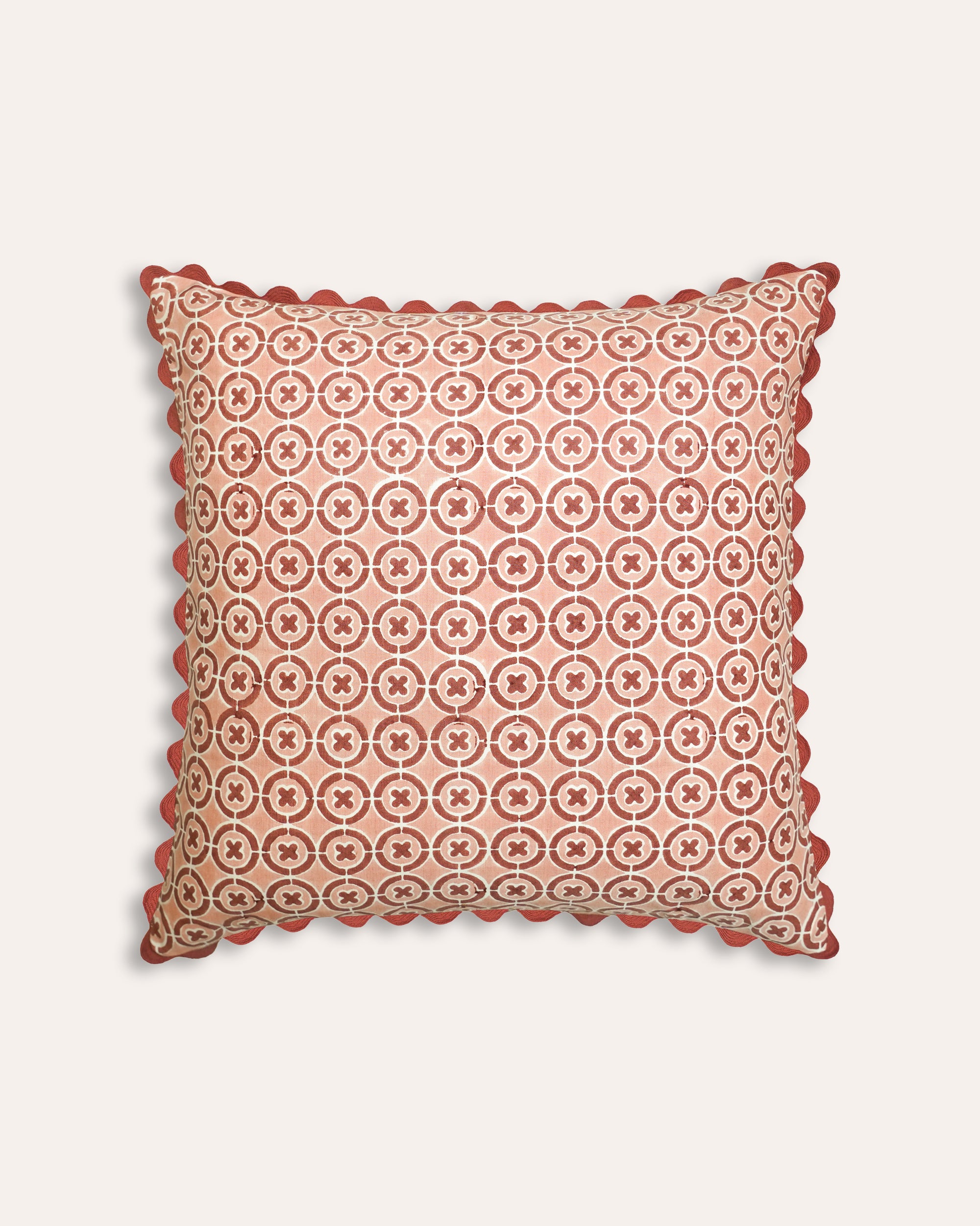 Pink geometric square Ciculo block print cushion - Birdie Fortescue Soft Furnishings