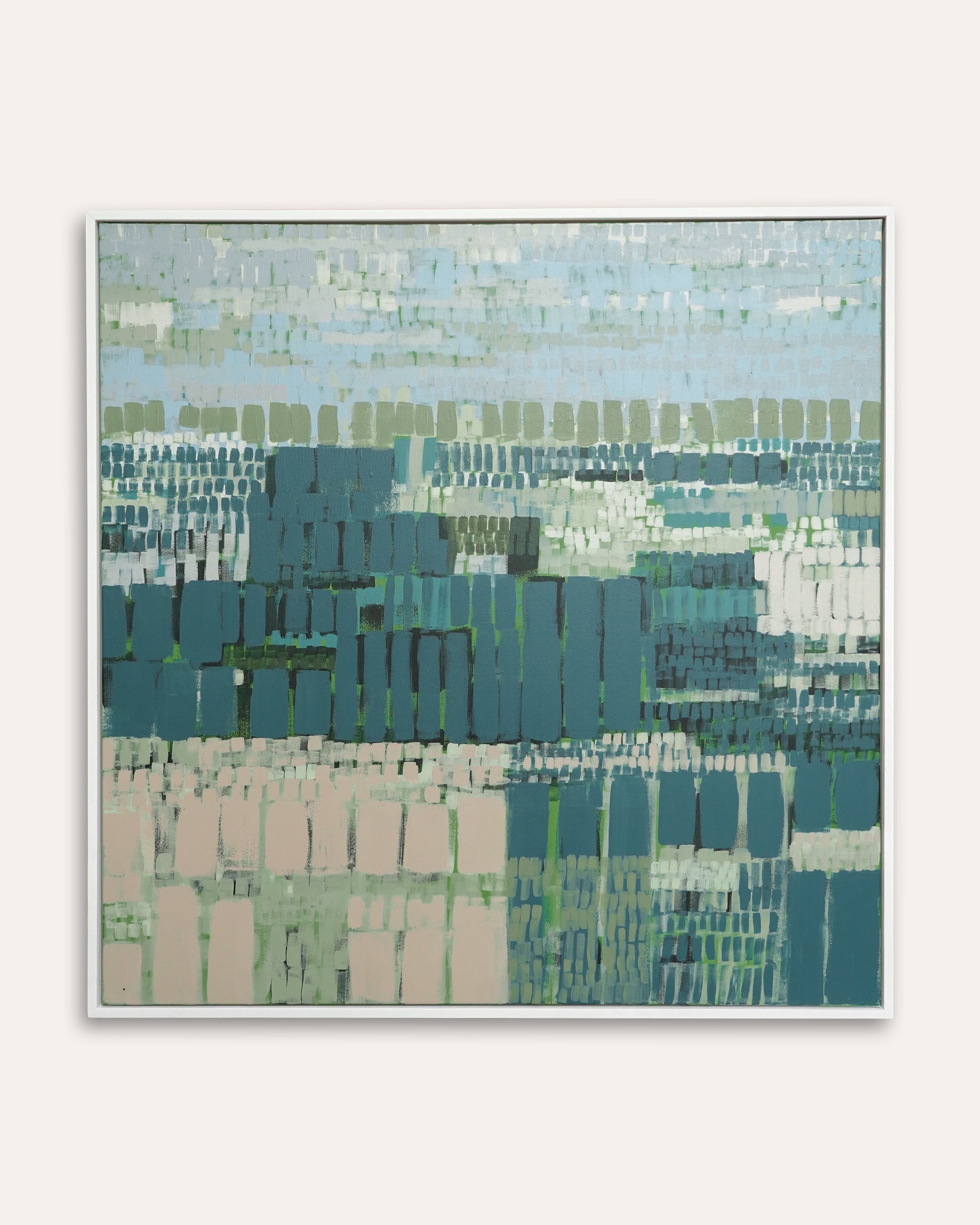 Abstract art piece with geometric patterns in blue, green, and beige on a white background