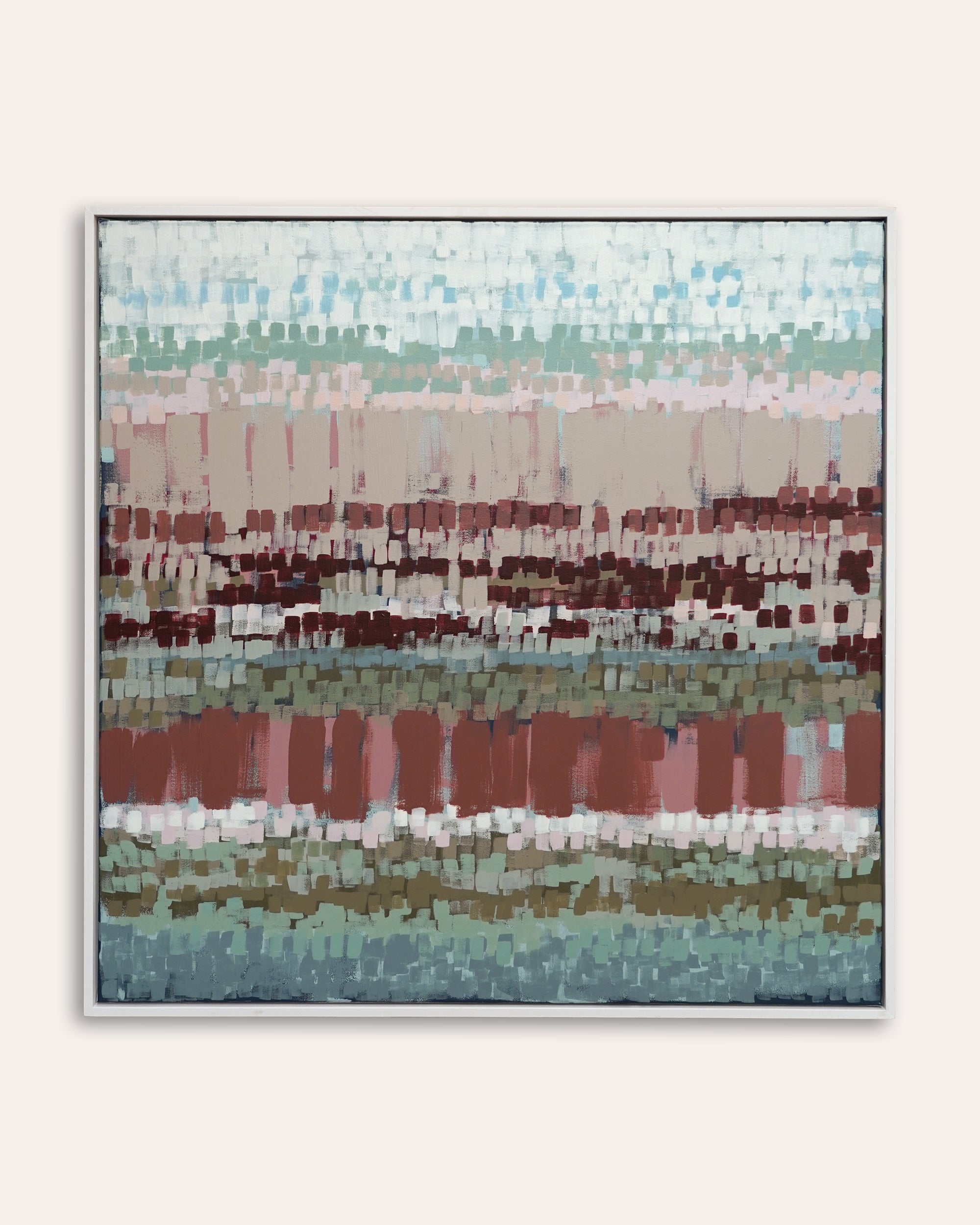 Abstract art piece with horizontal stripes in various colors on a white background