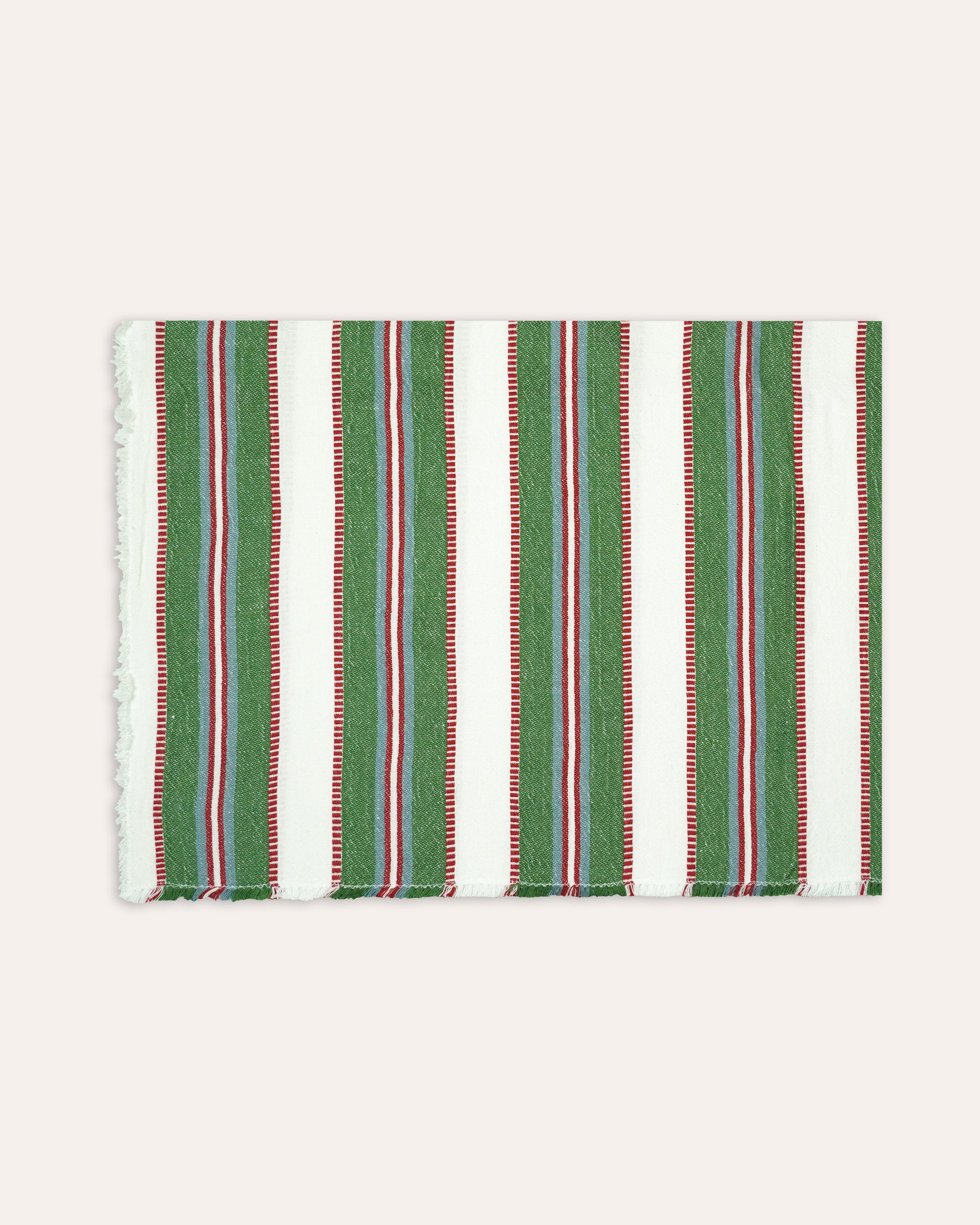 Striped tablecloth with green and red stripes on a white background