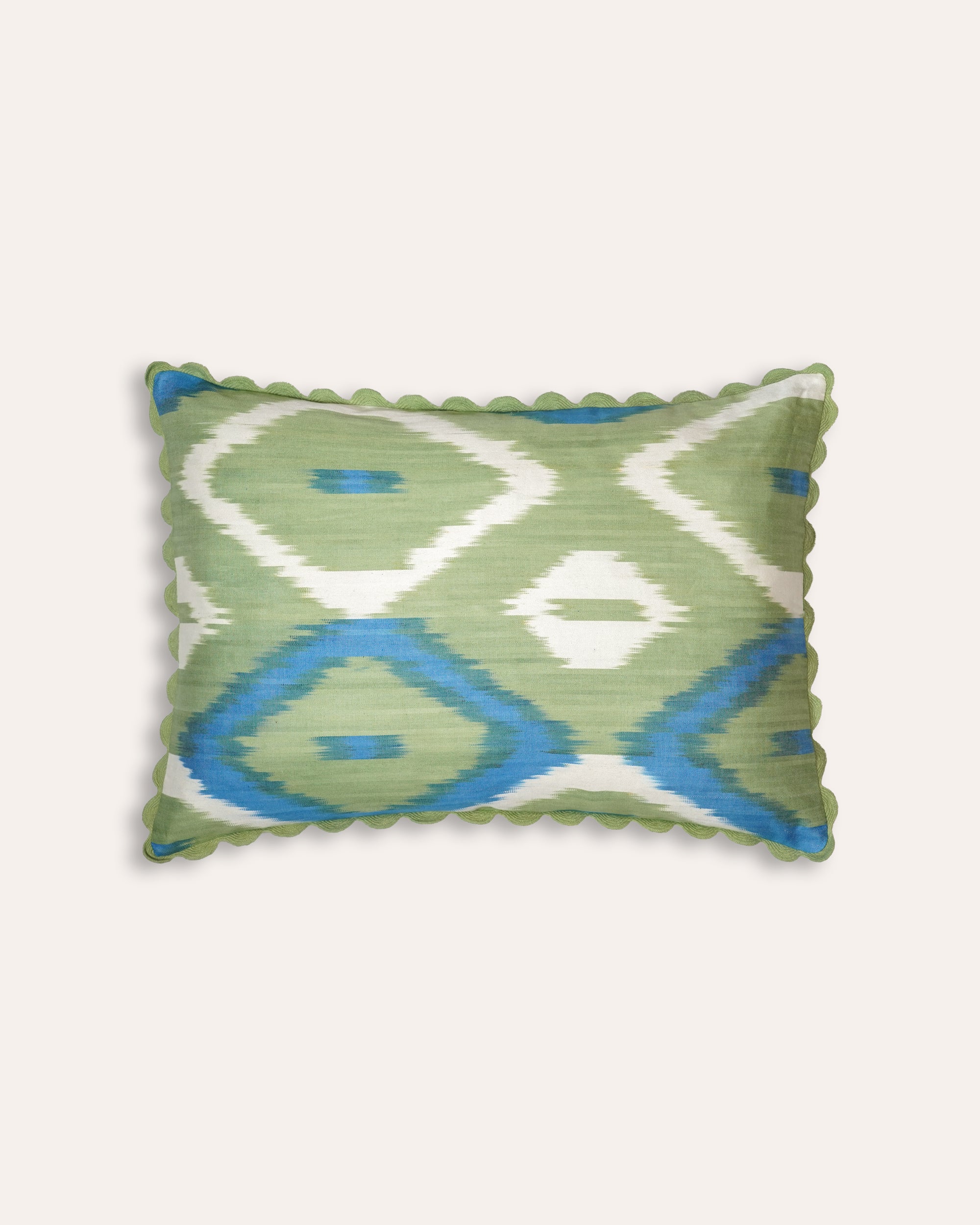 Blue and green ikat rectangular cushion with a geometric pattern - Birdie Fortescue soft furnishings