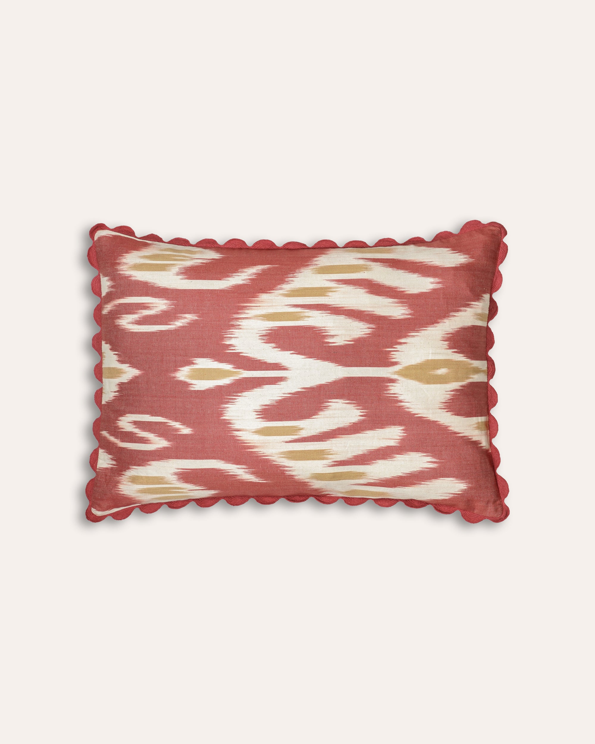 Pink cotton ikat rectangular cushion with scalloped ricrac - Birdie Fortescue soft furnishing