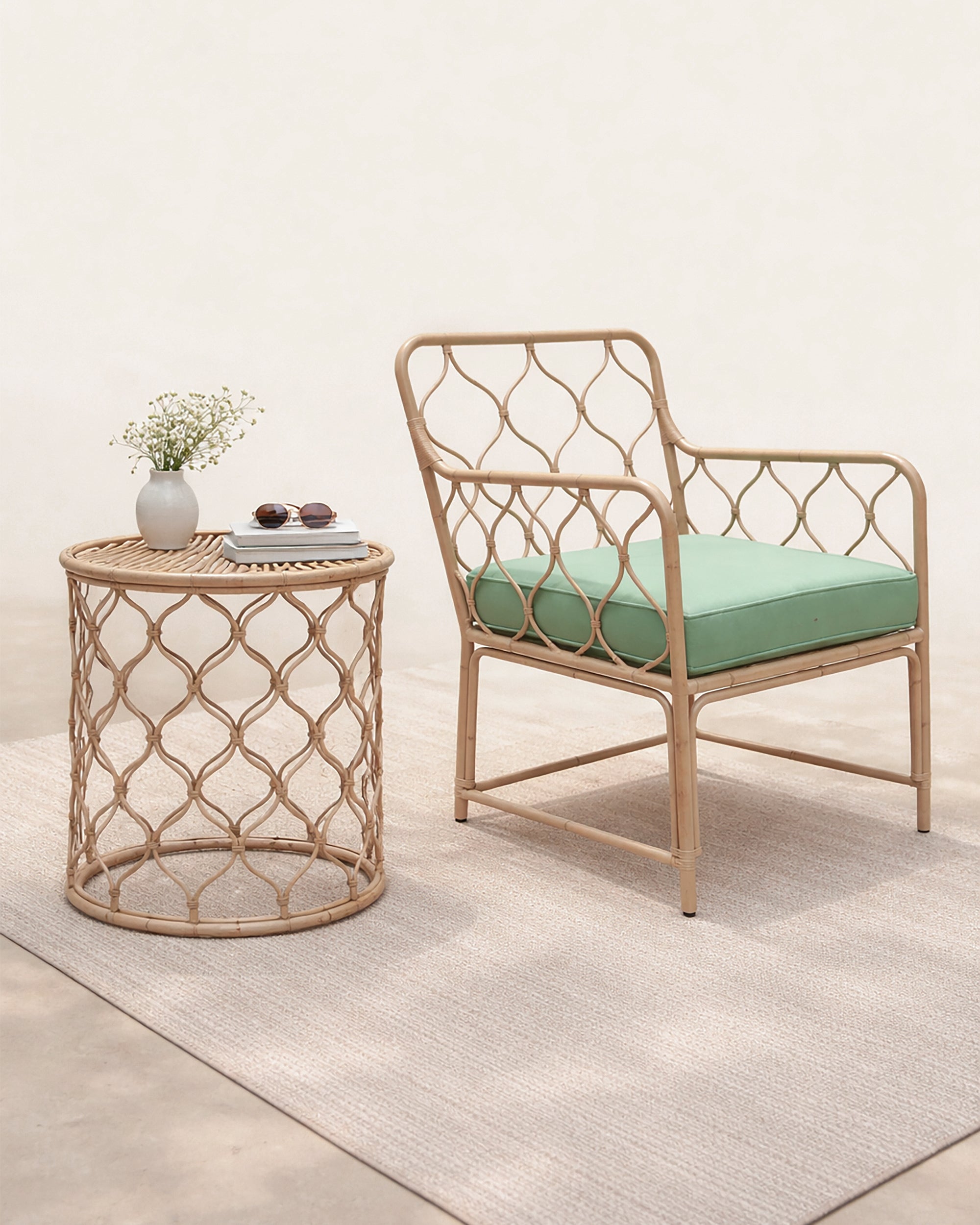 A scenic setting with a natural coloured armchair and matching side table