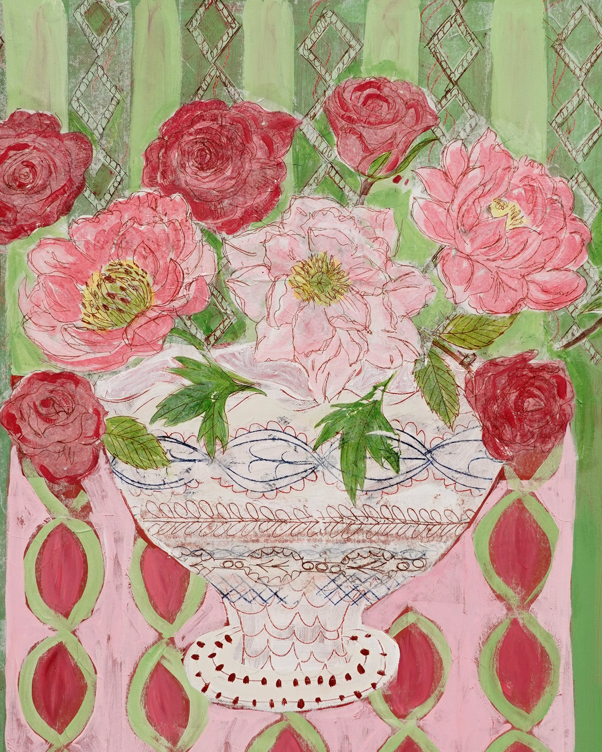 Andrea Curtis - Peonies and Green Stripes