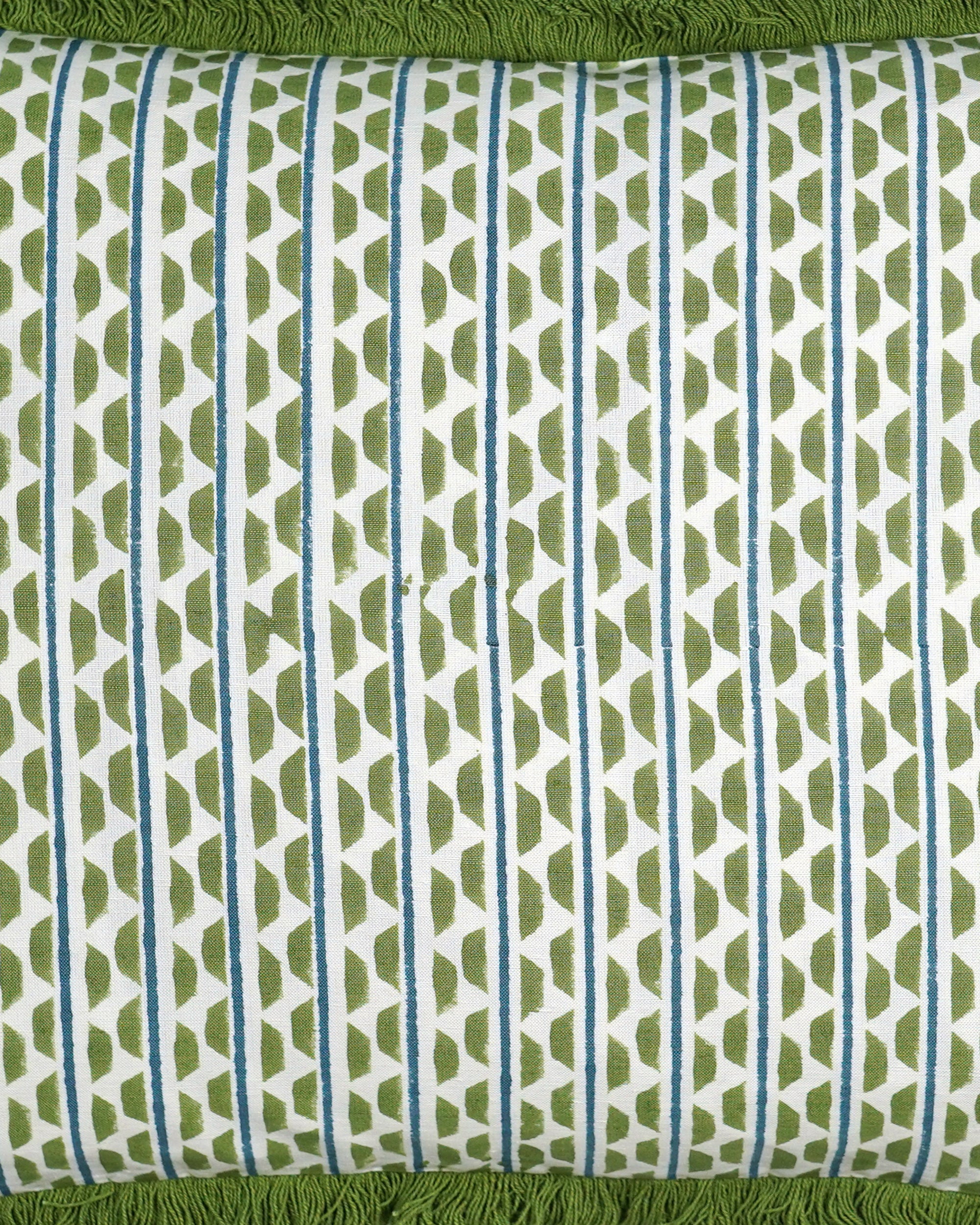 Close up detail image of the block printed ladder stripe green cushion