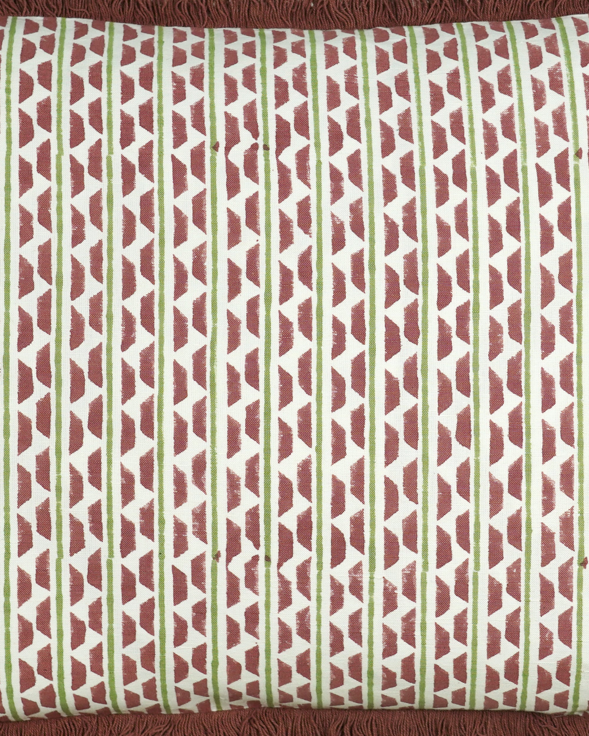 Close up detail image for the red block printed ladder stripe cushion